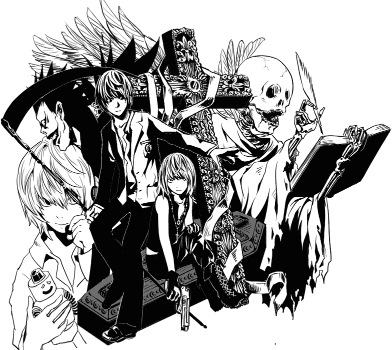 mello (death note), near (death note), ryuk, yagami light, death note, 00s, coffin, cross, gun, monochrome, scythe, weapon