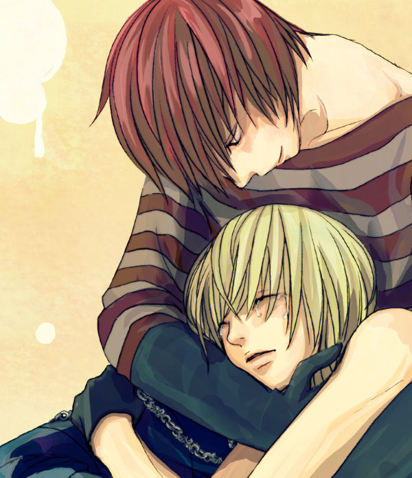 matt (death note), mello (death note), death note, shueisha, 00s, blonde hair, closed eyes, gloves, male focus, red hair, short hair, tears