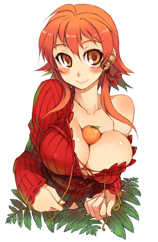 kusanagi tonbo, original, 1girl, areola slip, bare shoulders, bell, between breasts, blush, breasts, cleavage, covered erect nipples, female focus, food, food between breasts, food on body, food on breasts, fruit, jingle bell, large breasts, looking at viewer, nipples, no bra, oppai mochi, orange (fruit), orange hair, parted lips, simple background, smile, solo, upper body, white background