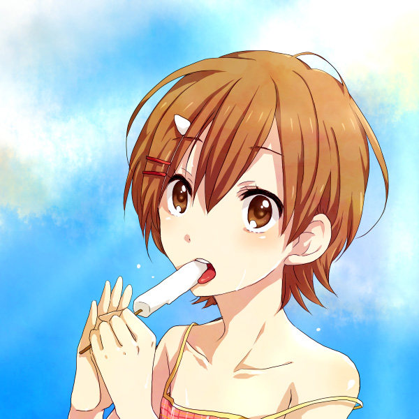 tayako, mako-chan (minami-ke), makoto (minami-ke), minami-ke, bad id, bad pixiv id, 00s, 1boy, brown eyes, brown hair, crossdressing, crossdressing (mtf), food, hair ornament, hairclip, male focus, popsicle, sexually suggestive, short hair, solo, strap slip, tongue, trap