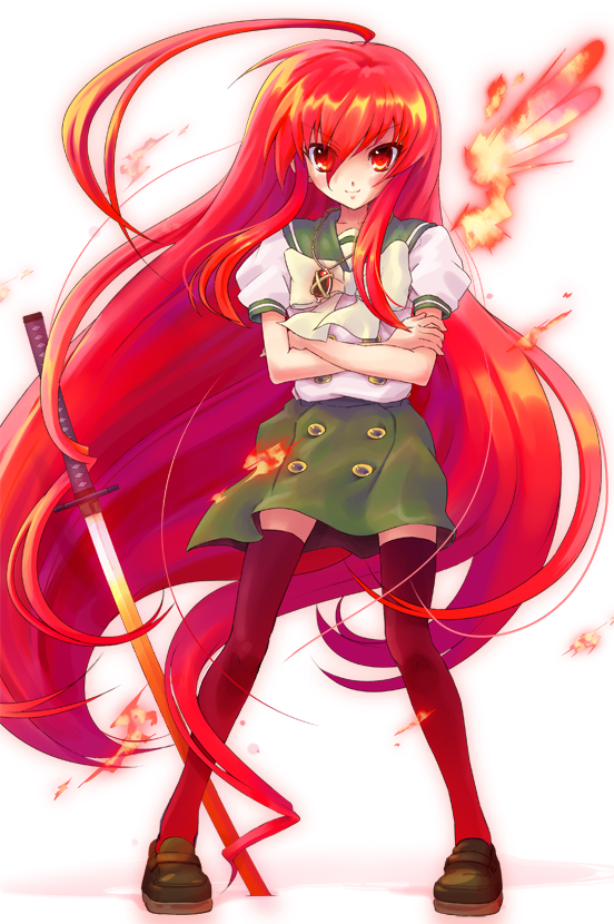 sumire (artist), urabi (tomatohouse), alastor (shakugan no shana), shana, shakugan no shana, 00s, 1girl, ahoge, bow, crossed arms, female focus, huge ahoge, jewelry, long hair, necklace, pendant, planted, planted sword, planted weapon, red eyes, red hair, school uniform, skirt, solo, sword, thighhighs, very long hair, weapon, zettai ryouiki