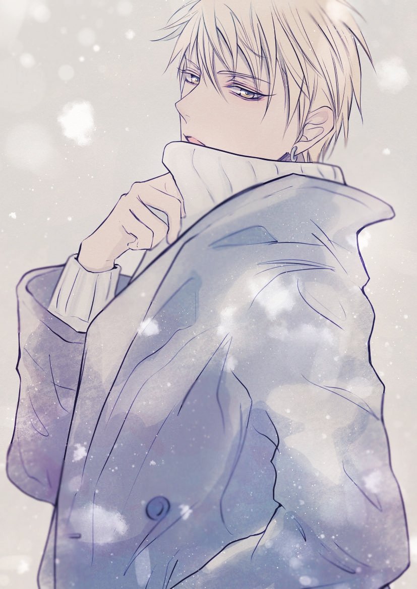 kise ryouta, kuroko no basuke, commentary request, 1boy, blonde hair, coat, earrings, grey coat, jewelry, long sleeves, male focus, nichi7711, open mouth, outdoors, piercing, short hair, single earring, snow, solo, sweater, turtleneck, turtleneck sweater, upper body, white sweater, winter clothes, yellow eyes
