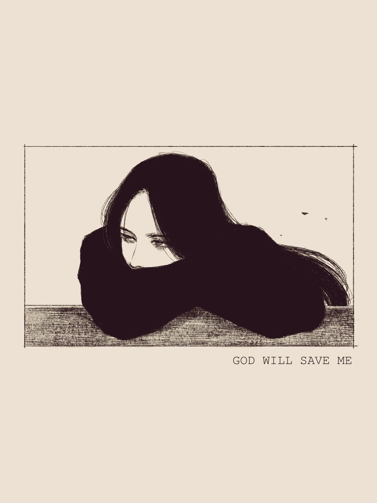 tp p pt, original, highres, black hair, english text, greyscale, head rest, long hair, long sleeves, looking to the side, monochrome, table, white background