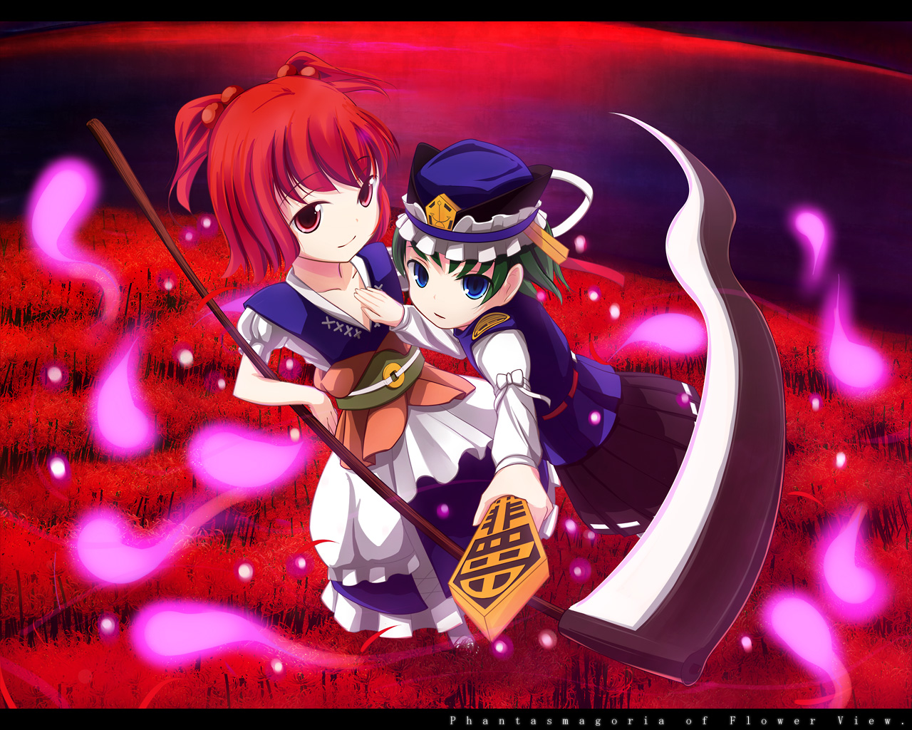 akai ronii, onozuka komachi, shiki eiki, touhou, bad id, bad pixiv id, 2girls, blue eyes, female focus, ghost, green eyes, hair bobbles, hair ornament, hat, multiple girls, red eyes, red hair, rod of remorse, scythe, twintails, two side up