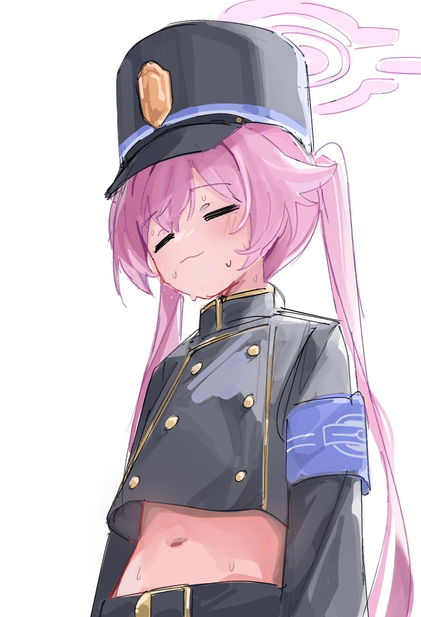 arsyky14, hoshino (blue archive), nozomi (blue archive), blue archive, highres, 1girl, :3, = =, alternate costume, alternate hairstyle, armband, belt, black hat, black jacket, black pants, blue armband, blush, buttons, closed eyes, closed mouth, cosplay, cropped jacket, double-breasted, hair between eyes, halo, hat, jacket, loli, long hair, long sleeves, midriff, navel, nervous sweating, nozomi (blue archive) (cosplay), pants, peaked cap, pink hair, pink halo, simple background, solo, sweat, sweatdrop, twintails, very long hair, white background
