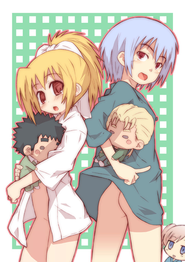 shimo-san, andou yuuri, chiba kirino, ishibashi kenzaburou, ishida toraji, yokoo maya, bamboo blade, 00s, 3girls, ass, blonde hair, blue eyes, blue hair, blush stickers, bottomless, bow, character doll, doll, hair bow, high ponytail, hug, long hair, looking at another, looking at viewer, looking back, multiple girls, naked shirt, no panties, open clothes, open shirt, outline, ponytail, red eyes, red hair, shirt, short hair, side ponytail