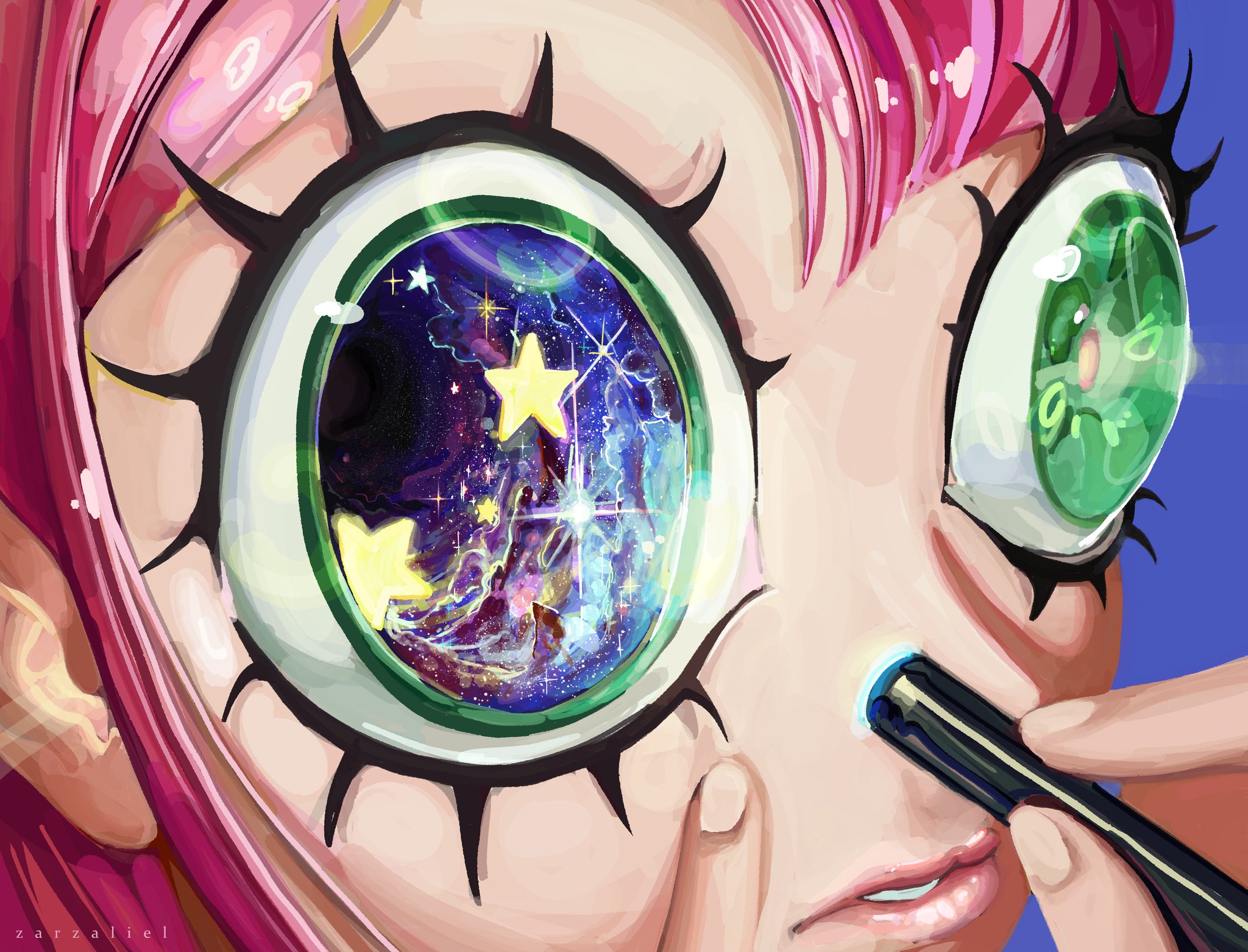 zarzaliel, original, commentary, english commentary, highres, 1girl, applying makeup, artist name, blue background, constellation, cosmetics, eye focus, eye reflection, eyelashes, fingernails, galaxy, green eyes, holding, lamp, lips, lipstick, lipstick tube, looking at viewer, makeup, makeup brush, mascara, parted lips, pink hair, pink lips, planet, reflection, simple background, sky, solo, space, star (sky), star (symbol), starry sky, surreal, symbol in eye, transparent