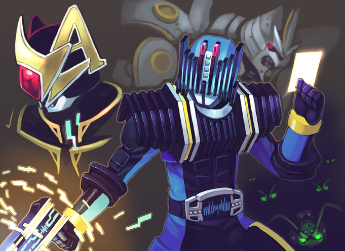 shigehiro (hiroi heya), kamen rider diend, kamen rider glaive, kamen rider, kamen rider blade (series), kamen rider dcd, 2boys, belt, card, gun, holding, holding card, monster, multiple boys, weapon