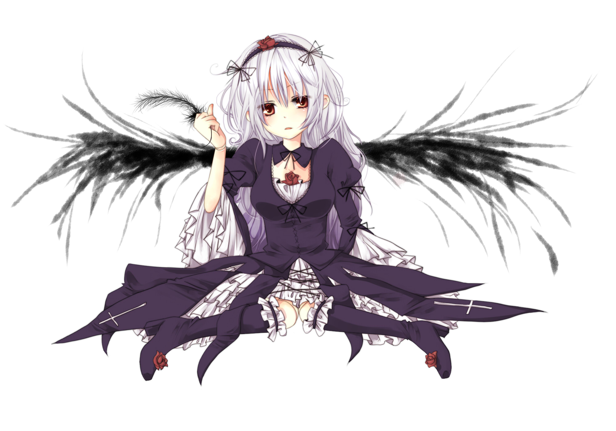 umi (umi02), suigintou, rozen maiden, silver hair, highres, 00s, boots, brown eyes, doll joints, dress, feathers, frills, hairband, joints, knee boots, long hair, wings