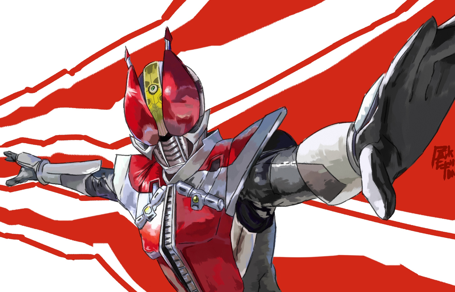 agu agu, kamen rider den-o, kamen rider den-o (sword form), kamen rider, kamen rider den-o (series), uniform, bad id, bad pixiv id, 1boy, bodysuit, goggles, helmet, male focus, outstretched arms, simple background, solo, two-tone background, upper body