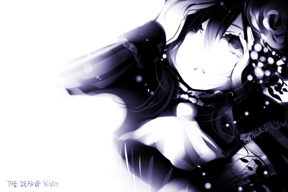 hajimenimodoru, original, bad id, bad pixiv id, 1girl, arms up, ascot, dress, female focus, from above, long sleeves, looking up, monochrome, purple theme, simple background, solo, white background