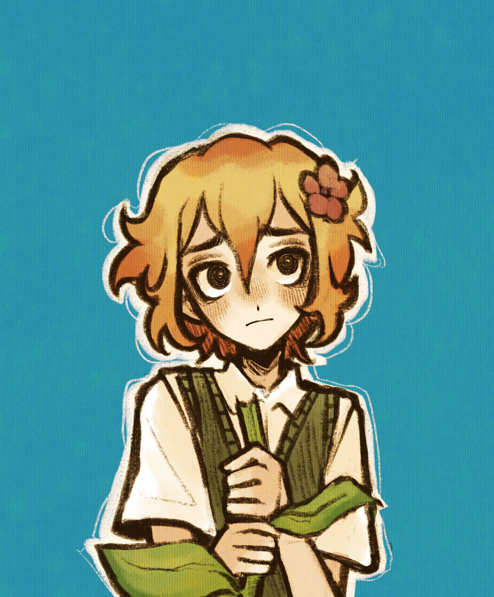 ottie pops, basil (faraway) (omori), basil (omori), omori, commentary, english commentary, highres, 1boy, alternate eye color, black eyes, blonde hair, blue background, blush, bright pupils, closed mouth, collared shirt, double-parted bangs, flower, green sweater vest, hair between eyes, hair flower, hair ornament, male focus, outline, shirt, short hair, short sleeves, sidelocks, simple background, solo, sweater vest, upper body, white outline, white pupils, white shirt