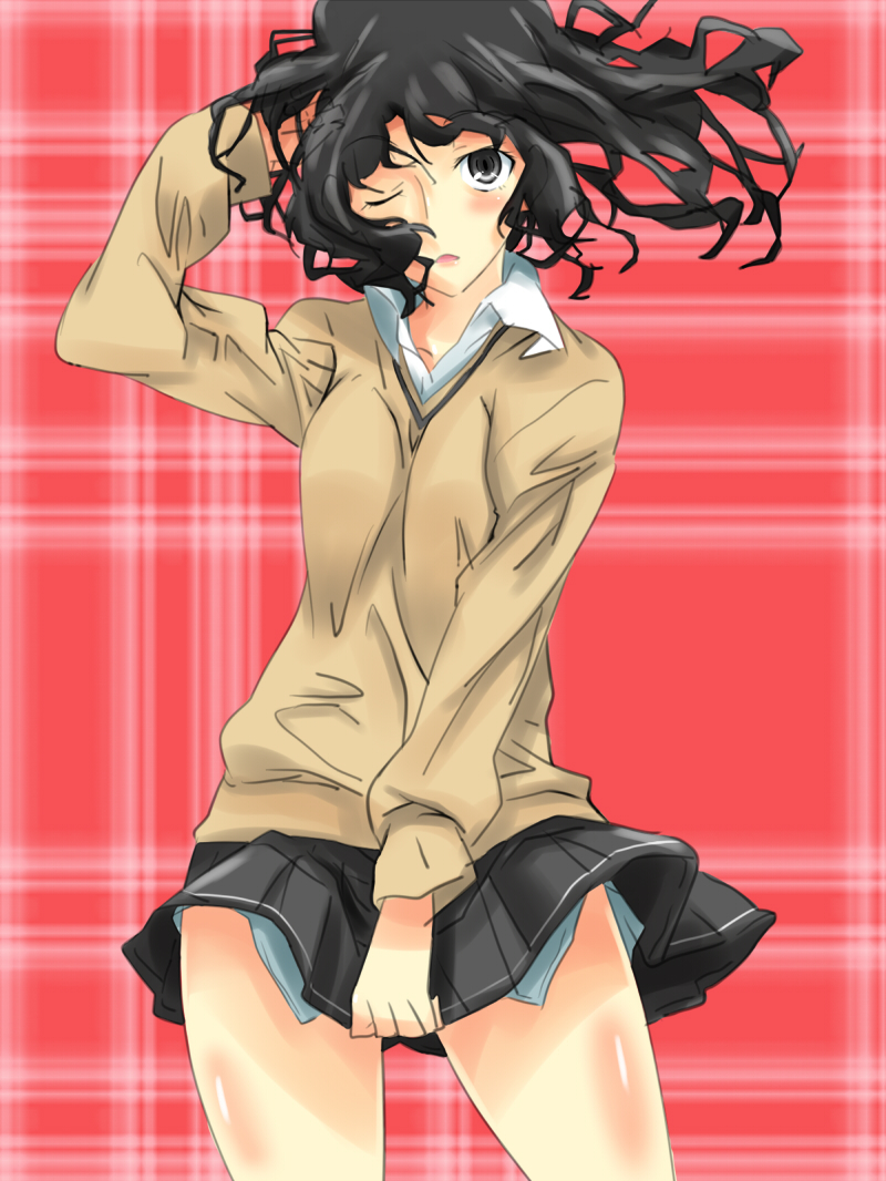 mas (5734ghji), tanamachi kaoru, amagami, black hair, blush, clothes lift, messy hair, one eye closed, open collar, pleated skirt, school uniform, skirt, skirt lift, sweater, wink