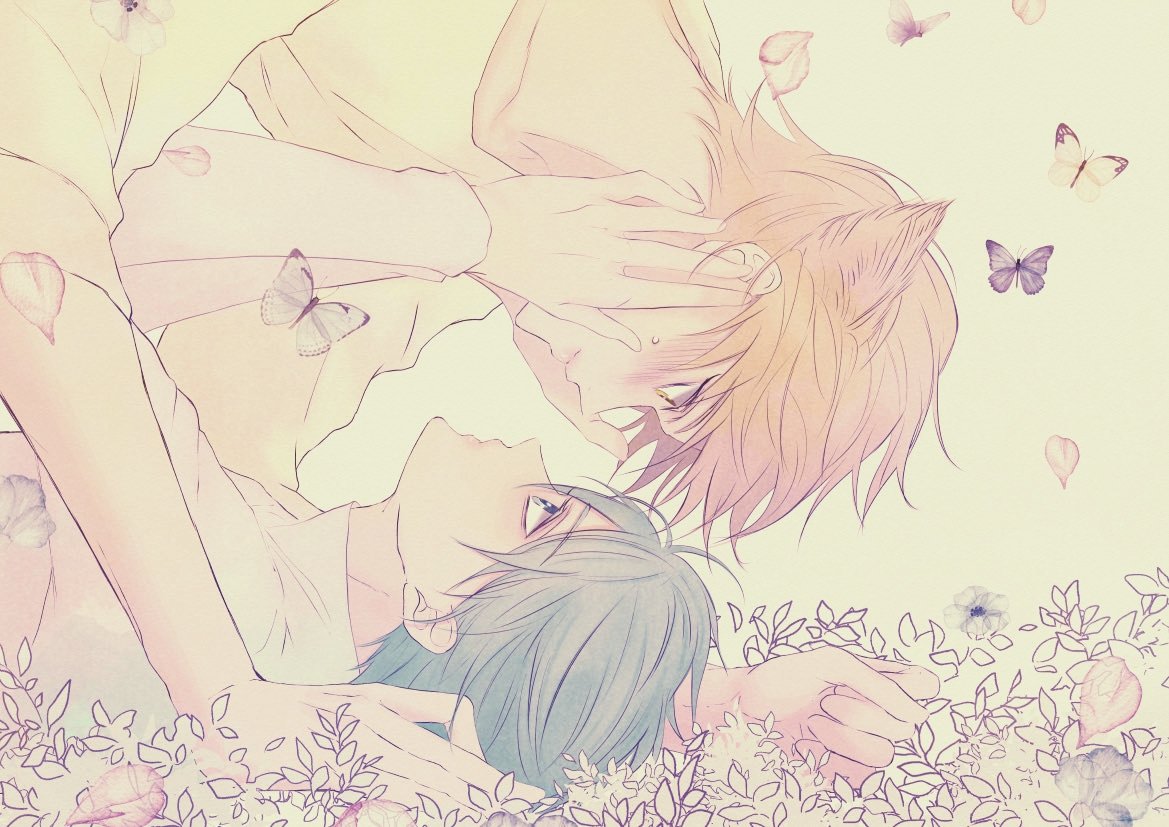 kise ryouta, kuroko tetsuya, kuroko no basuke, commentary request, 2boys, animal ears, blonde hair, blue eyes, blue hair, blush, bug, butterfly, cat ears, eye contact, flower, from side, hand on another's face, insect, kemonomimi mode, looking at another, lying, male focus, multiple boys, nichi7711, on back, profile, shirt, short hair, white shirt, yaoi, yellow eyes