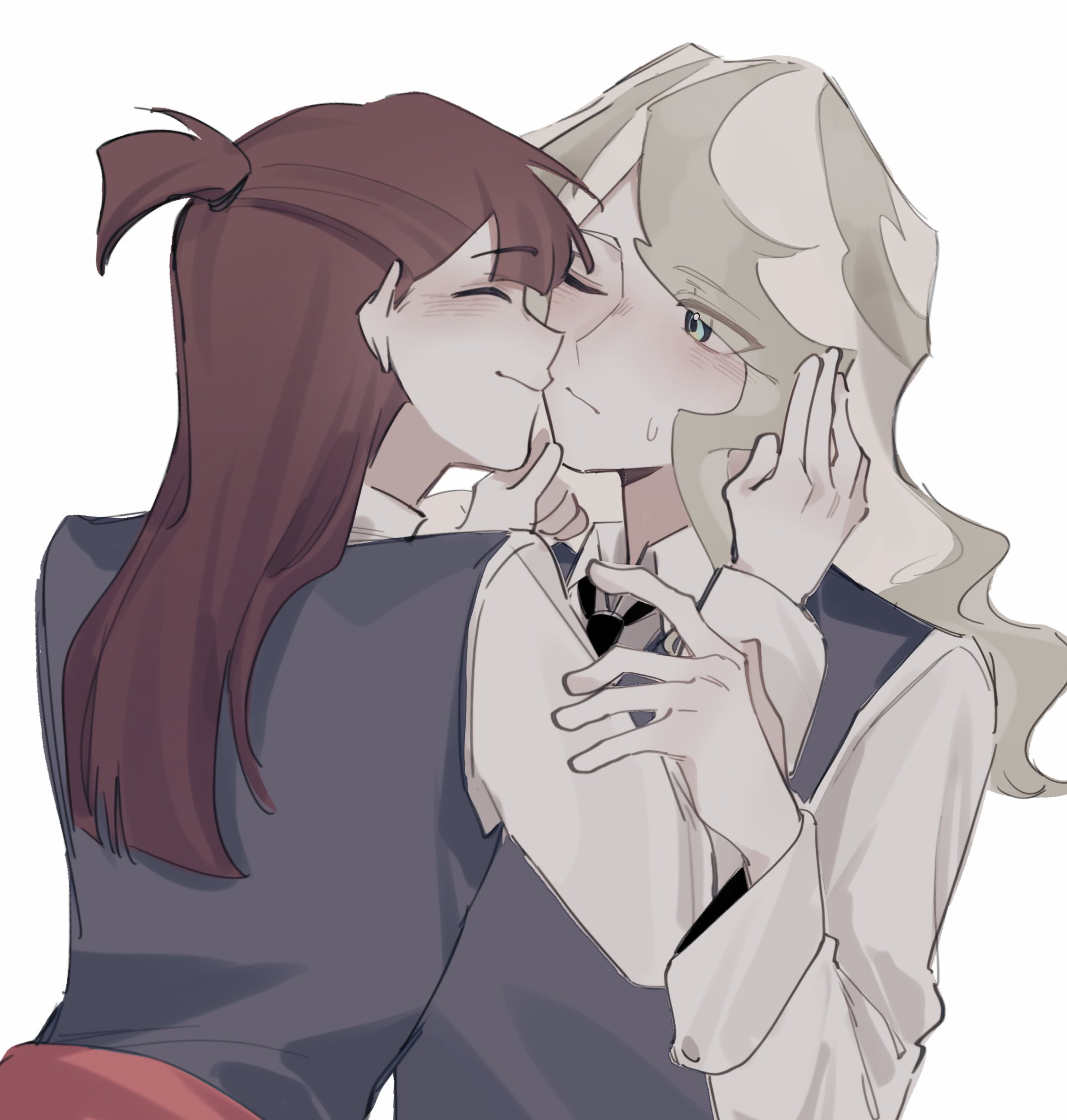 diana cavendish, kagari atsuko, little witch academia, commentary, english commentary, highres, 2girls, black dress, blue eyes, blush, brown hair, closed eyes, closed mouth, dress, green hair, hand on another's face, long hair, multicolored hair, multiple girls, one eye closed, pinafore dress, shirt, simple background, sleeveless, sleeveless dress, streaked hair, sweat, white background, white hair, white shirt, yuri, zekes