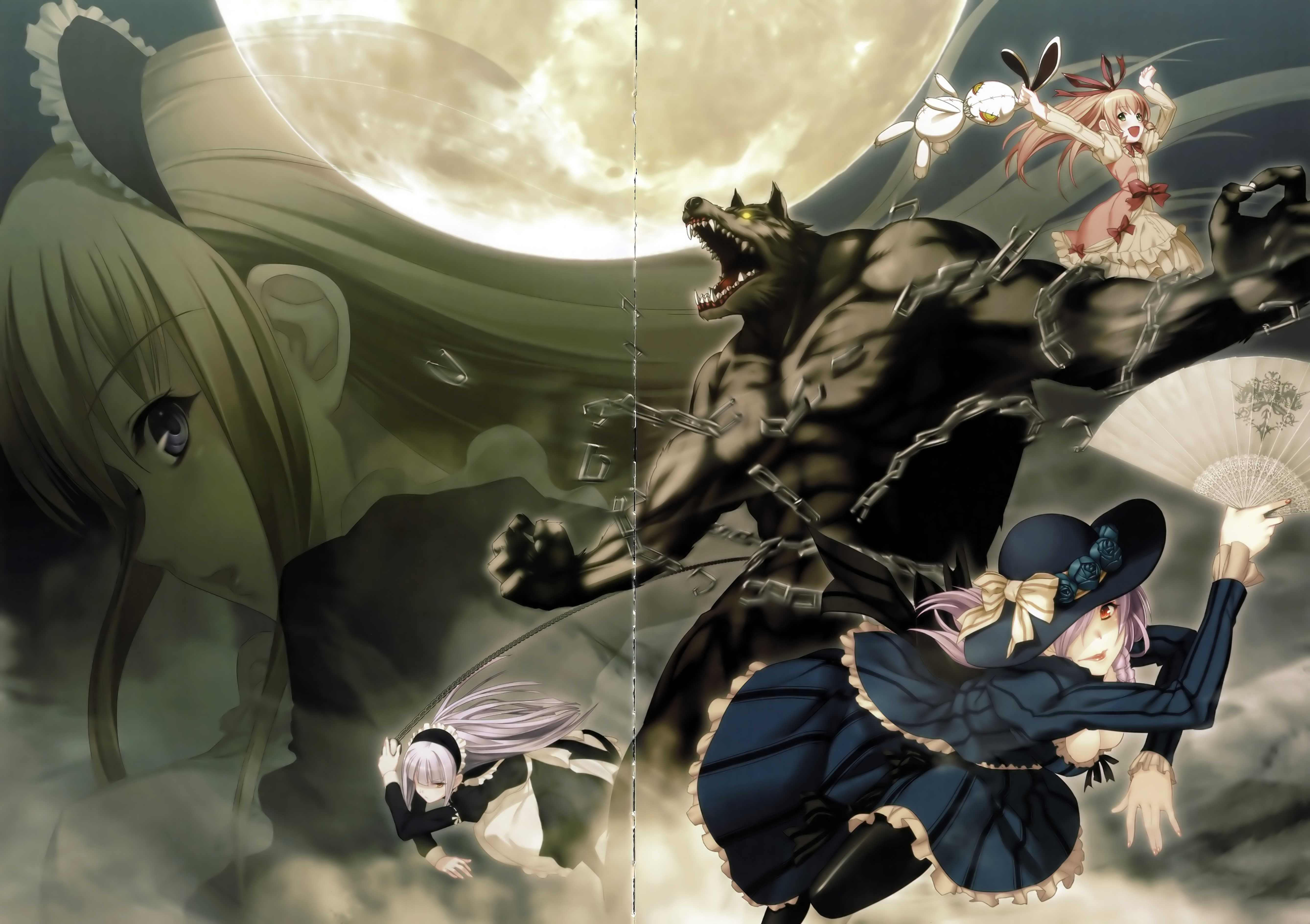 oosaki shin'ya, anna (gekkou no carnevale), cornalina, iris (gekkou no carnevale), perla, gekkou no carnevale, nitroplus, silver hair, absurdres, highres, scan, 4girls, blonde hair, blue eyes, breasts, chain, cleavage, crease, dress, hair ribbon, hairband, hand fan, hat, large breasts, long hair, maid, moon, multiple girls, orange eyes, pantyhose, pink hair, purple eyes, purple hair, rabbit, red eyes, ribbon, stuffed animal, stuffed toy, werewolf