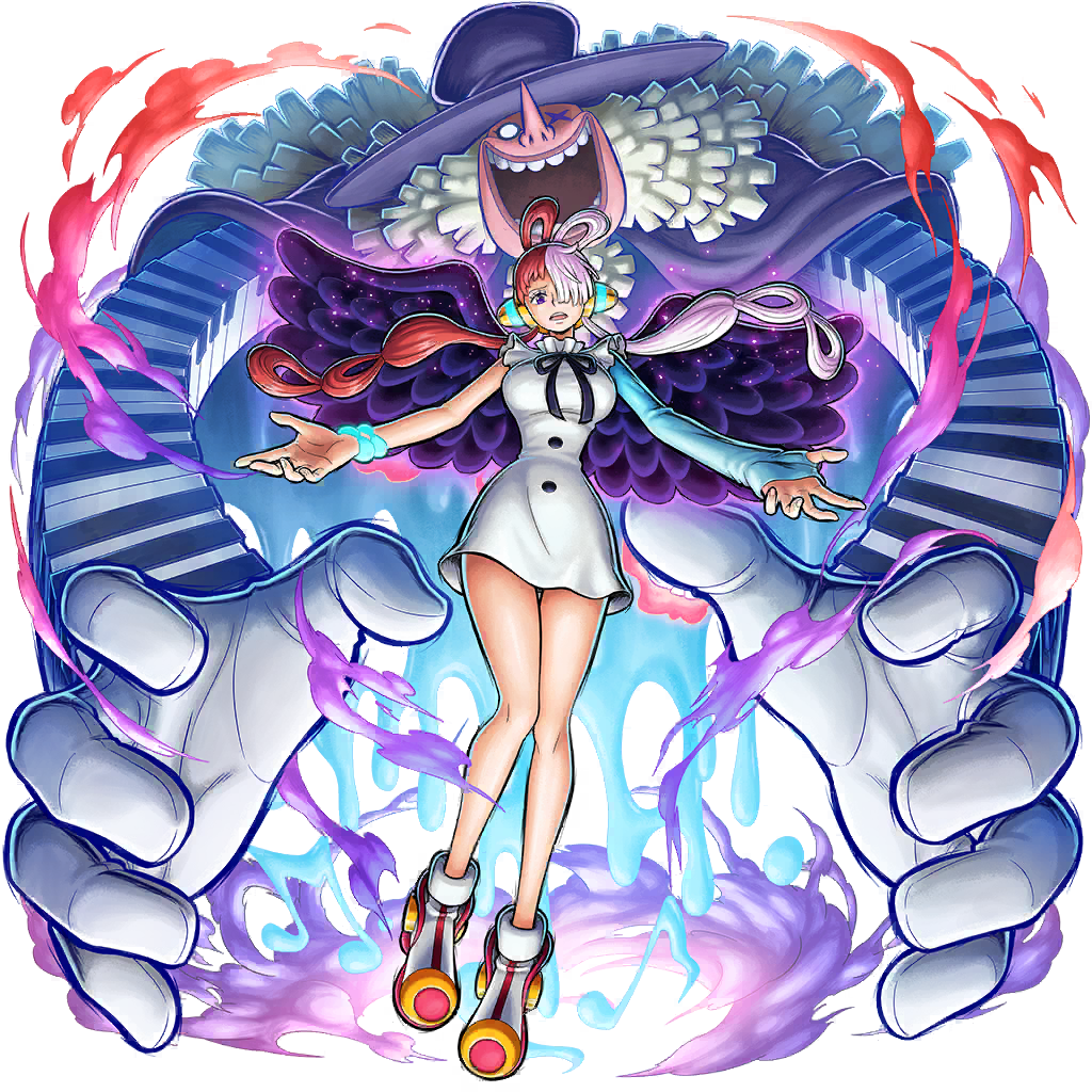 tot musica (one piece), uta (one piece), one piece, one piece: bounty rush, highres, official art, 1girl, 1other, aura, bare legs, bare shoulders, breasts, curvy, demon, dress, evil smile, fangs, glowing, glowing eyes, hair over one eye, headphones, large breasts, long hair, long sleeves, looking at viewer, multicolored hair, open mouth, purple eyes, reaching, reaching towards viewer, red hair, smile, two-tone hair, very long hair, white dress, white hair, wide hips