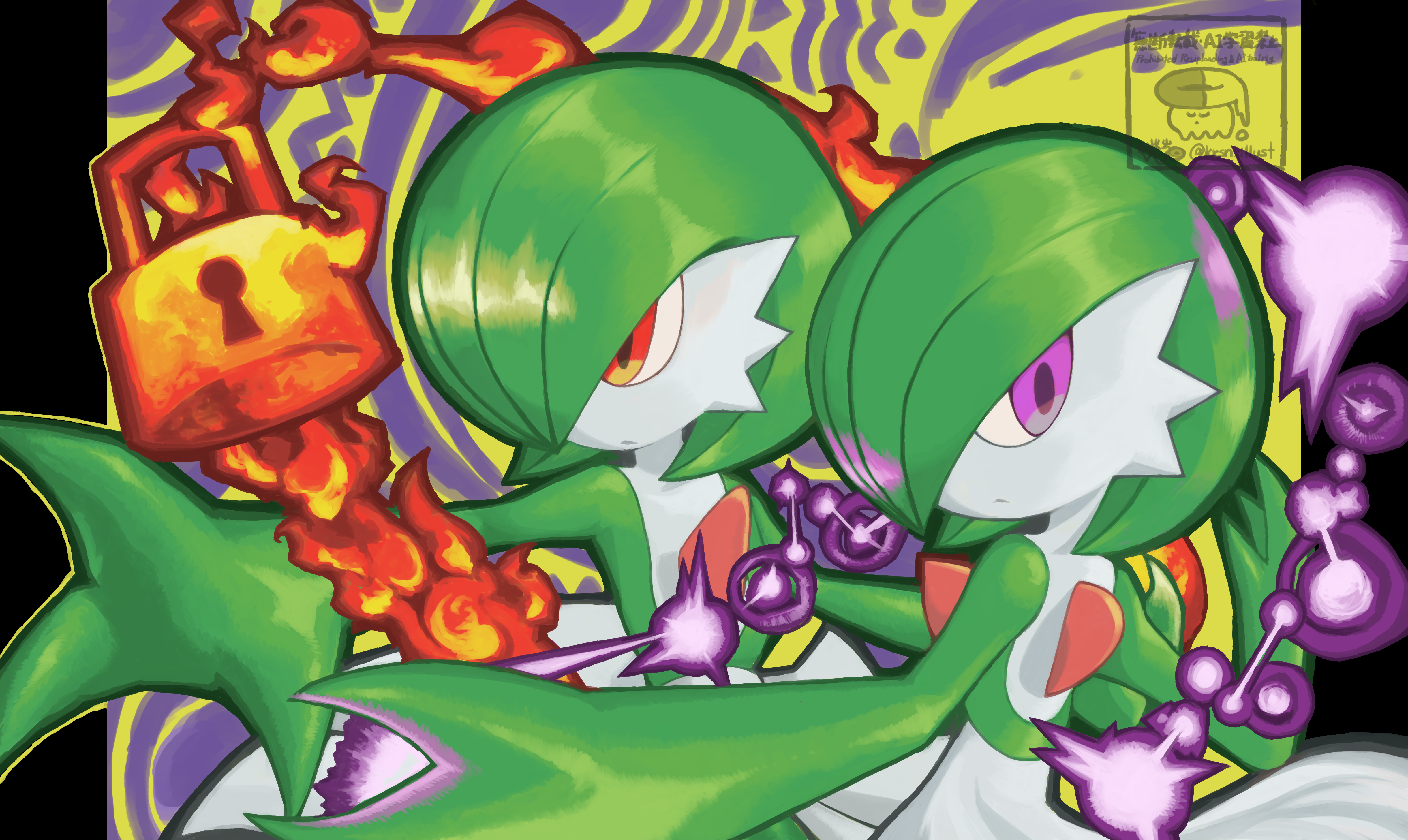 kurashina (krsn poke324), gardevoir, nintendo, pokemon, 2girls, alternate eye color, arm up, artist name, bob cut, closed mouth, colored skin, energy, female focus, fewer digits, fire, flat chest, gen 3 pokemon, green hair, green skin, hair over one eye, hand up, keyhole, lock, looking afar, looking back, multicolored skin, multiple girls, one eye covered, outside border, outstretched arm, padlock, pillarboxed, pokemon (creature), purple eyes, pyrokinesis, red eyes, serious, short hair, spread fingers, twitter username, two-tone background, two-tone skin, upper body, watermark, white skin