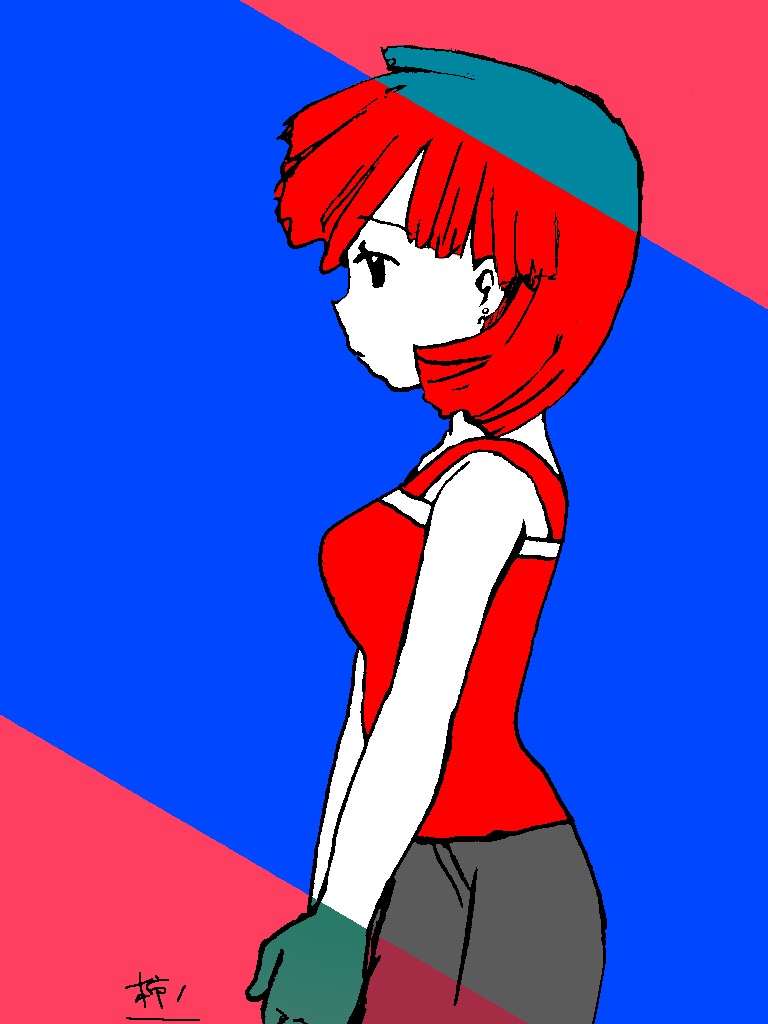 misty (pokemon), nintendo, pokemon, pokemon adventures, pokemon rgby, 1girl, bare arms, bare shoulders, black eyes, black pants, blue background, breasts, closed mouth, colored skin, cowboy shot, earrings, expressionless, from side, gloves, grey pants, jewelry, limited palette, medium breasts, own hands together, pants, red background, red hair, red shirt, red tank top, shirt, short hair, simple background, sleeveless, sleeveless shirt, solo, standing, tank top, two-tone background, v arms, white skin