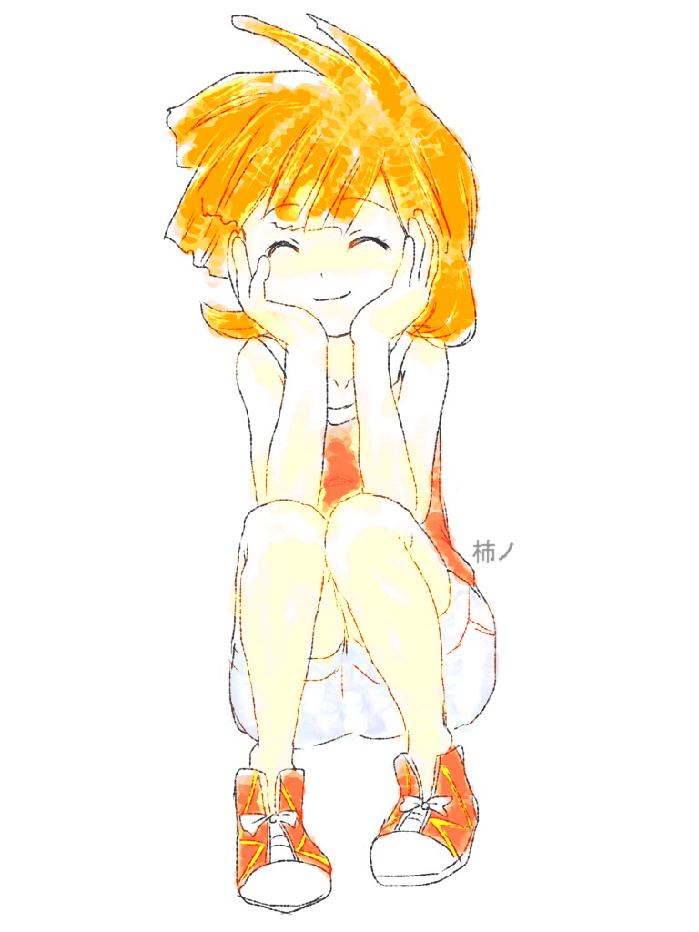 misty (pokemon), nintendo, pokemon, pokemon adventures, pokemon rgby, 1girl, ^ ^, bare arms, bare shoulders, closed eyes, closed mouth, collarbone, facing viewer, full body, hands on own cheeks, hands on own face, happy, knees together feet apart, no socks, orange hair, red shirt, shirt, shoes, short hair, shorts, simple background, sitting, sleeveless, sleeveless shirt, smile, sneakers, solo, squatting, tank top, white background, white shorts