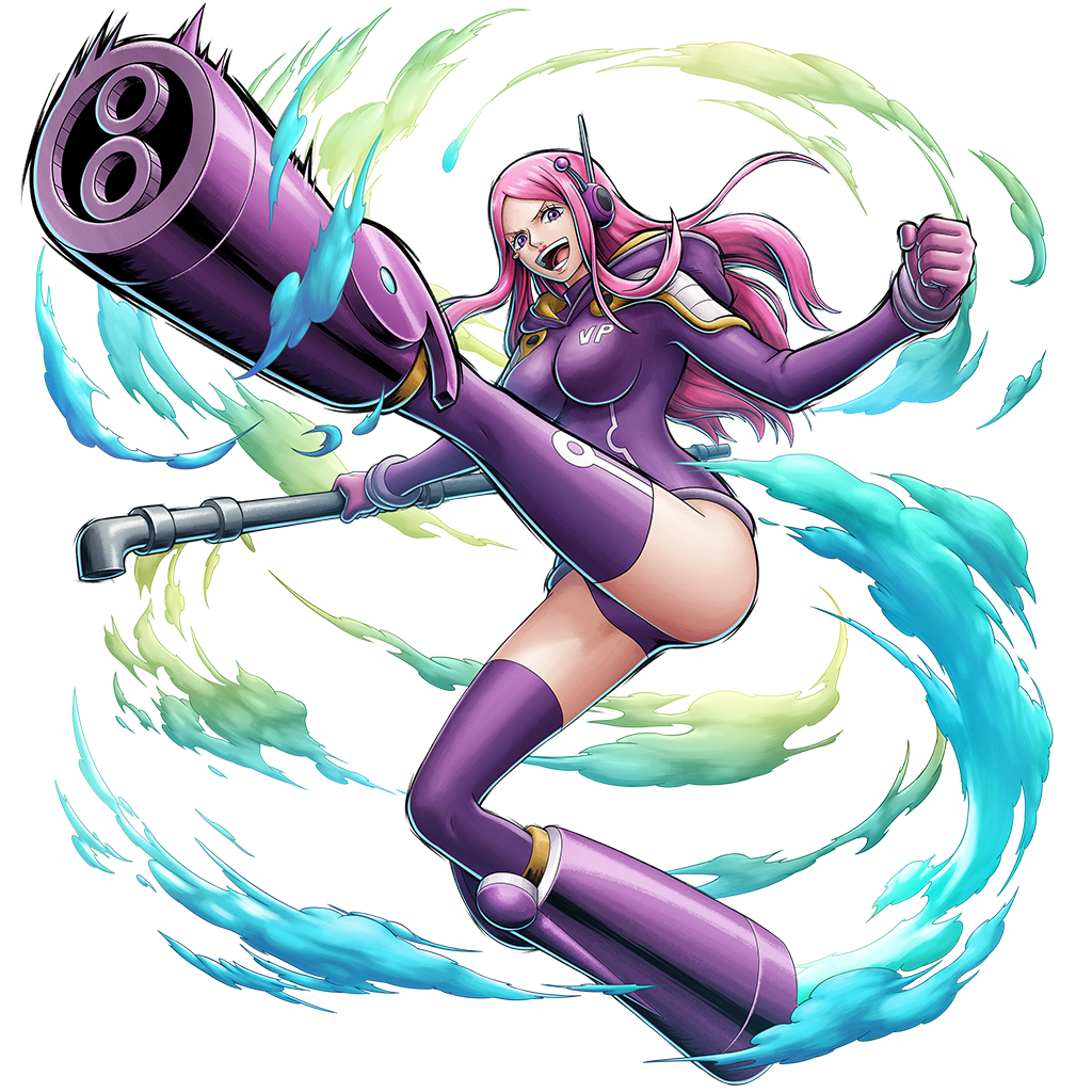 jewelry bonney, jewelry bonney (egghead), one piece, one piece: bounty rush, official art, 1girl, ass, attack, breasts, curvy, full body, gloves, highleg, highleg leotard, holding, holding weapon, hood, hood down, hoodie, industrial pipe, jewelry, jumping, kicking, large breasts, leotard, lipstick, long hair, looking at viewer, makeup, open mouth, piercing, pink hair, purple hoodie, purple leotard, purple thighhighs, shiny clothes, shiny skin, smile, solo, thick thighs, thighhighs, thighs, transparent background, weapon, white background, wide hips