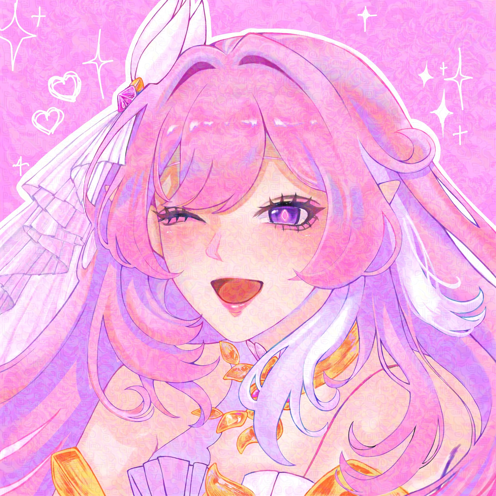 elysia (herrscher of human: ego) (honkai impact), elysia (honkai impact), honkai (series), honkai impact 3rd, commentary, english commentary, highres, 1girl, ;o, bare shoulders, callalunamiya, gift art, long hair, looking at viewer, multicolored hair, one eye closed, pink background, pink hair, purple eyes, smile, solo, two-tone hair, upper body, veil, very long hair, white hair, white veil