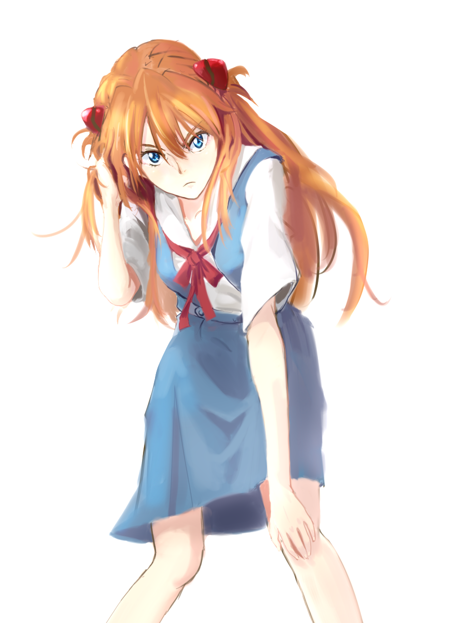 yammy (artist), yammy (cellblo), souryuu asuka langley, neon genesis evangelion, highres, 1girl, adjusting hair, blue eyes, breasts, brown hair, female focus, long hair, school uniform, simple background, skirt, solo, suspender skirt, suspenders, twintails, two side up, very long hair