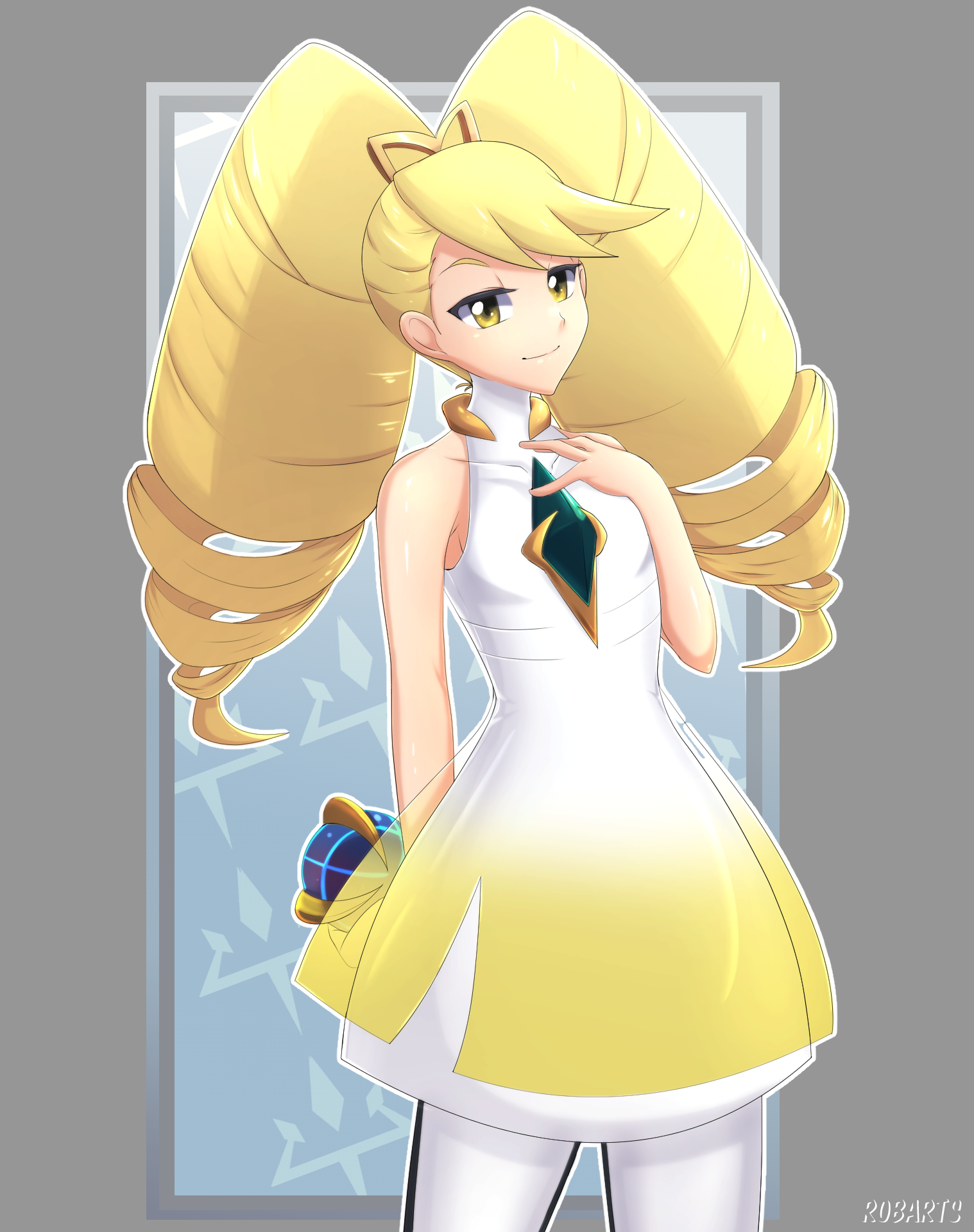 rob (robarts), luna platz (mega man), lusamine (pokemon), mega man (series), mega man star force (series), nintendo, pokemon, pokemon sm, highres, 1girl, artist name, beast ball, blonde hair, bow, cosplay, dress, drill hair, gradient clothes, gradient dress, grey background, hair bow, holding, holding poke ball, long hair, lusamine (pokemon) (cosplay), poke ball, smile, twin drills, very long hair