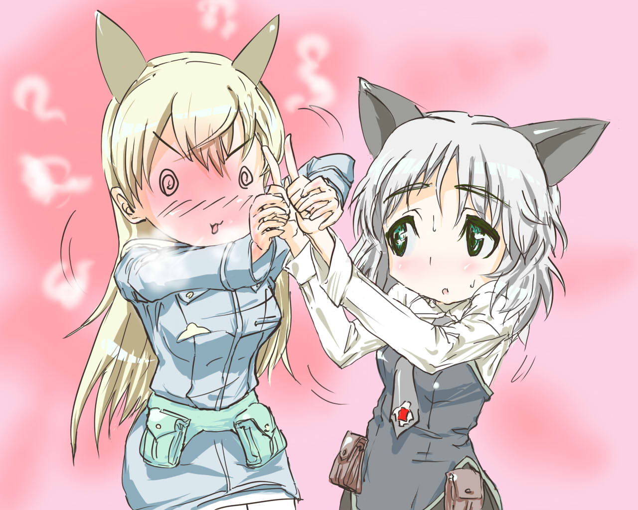 yasnory, eila ilmatar juutilainen, sanya v. litvyak, strike witches, world witches series, silver hair, bad id, bad pixiv id, 00s, 2girls, animal ears, blonde hair, blush, green eyes, long hair, military, military uniform, multiple girls, muri da na, pantyhose, short hair, sweat, white pantyhose