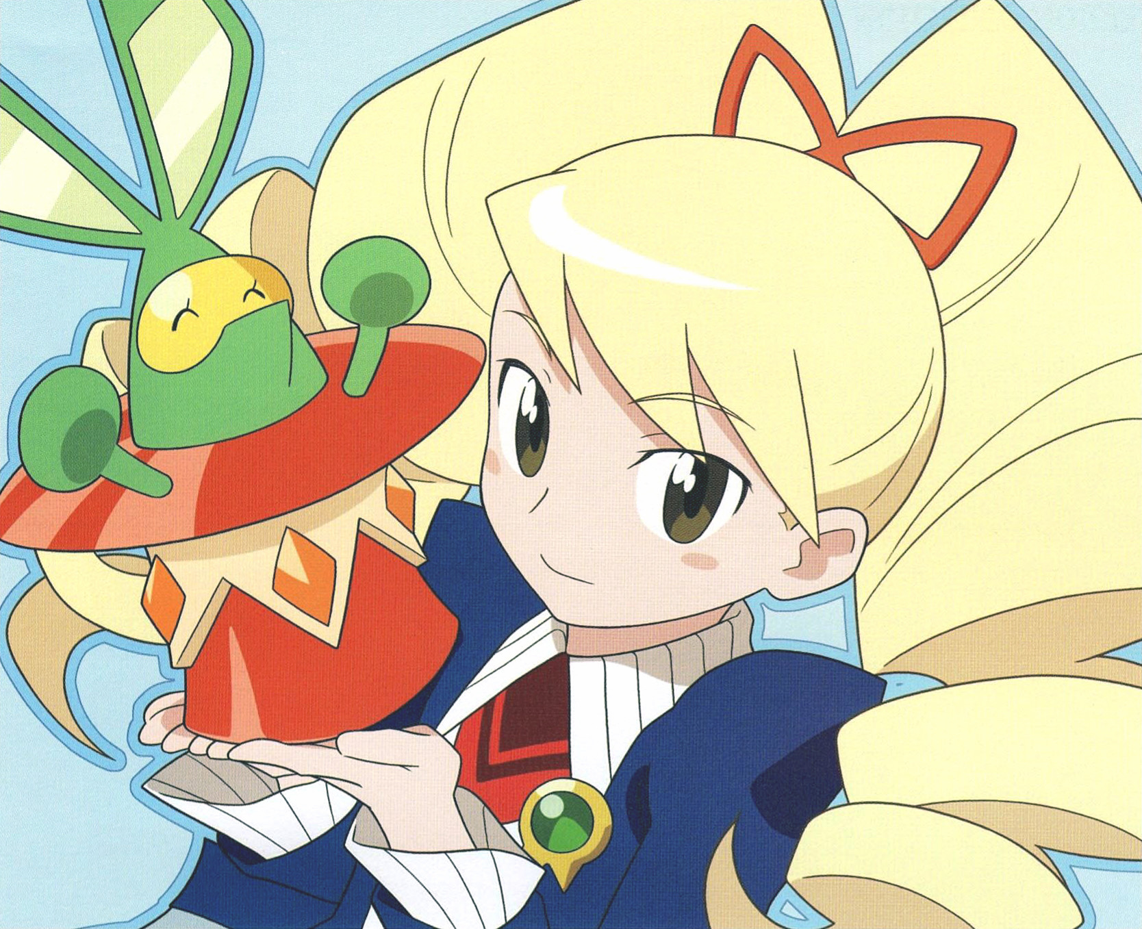 luna platz (mega man), vogue (mega man), mega man (series), mega man star force (series), mega man star force 3, highres, official art, third-party source, 2girls, blonde hair, blue background, bow, drill hair, hair bow, long hair, looking at viewer, multiple girls, smile, twin drills, very long hair