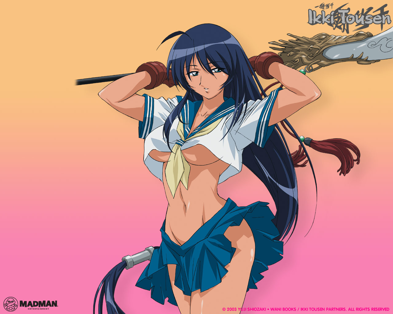 kan'u unchou, ikkitousen, 00s, black hair, breasts, long hair, school uniform, simple background, underboob, very long hair