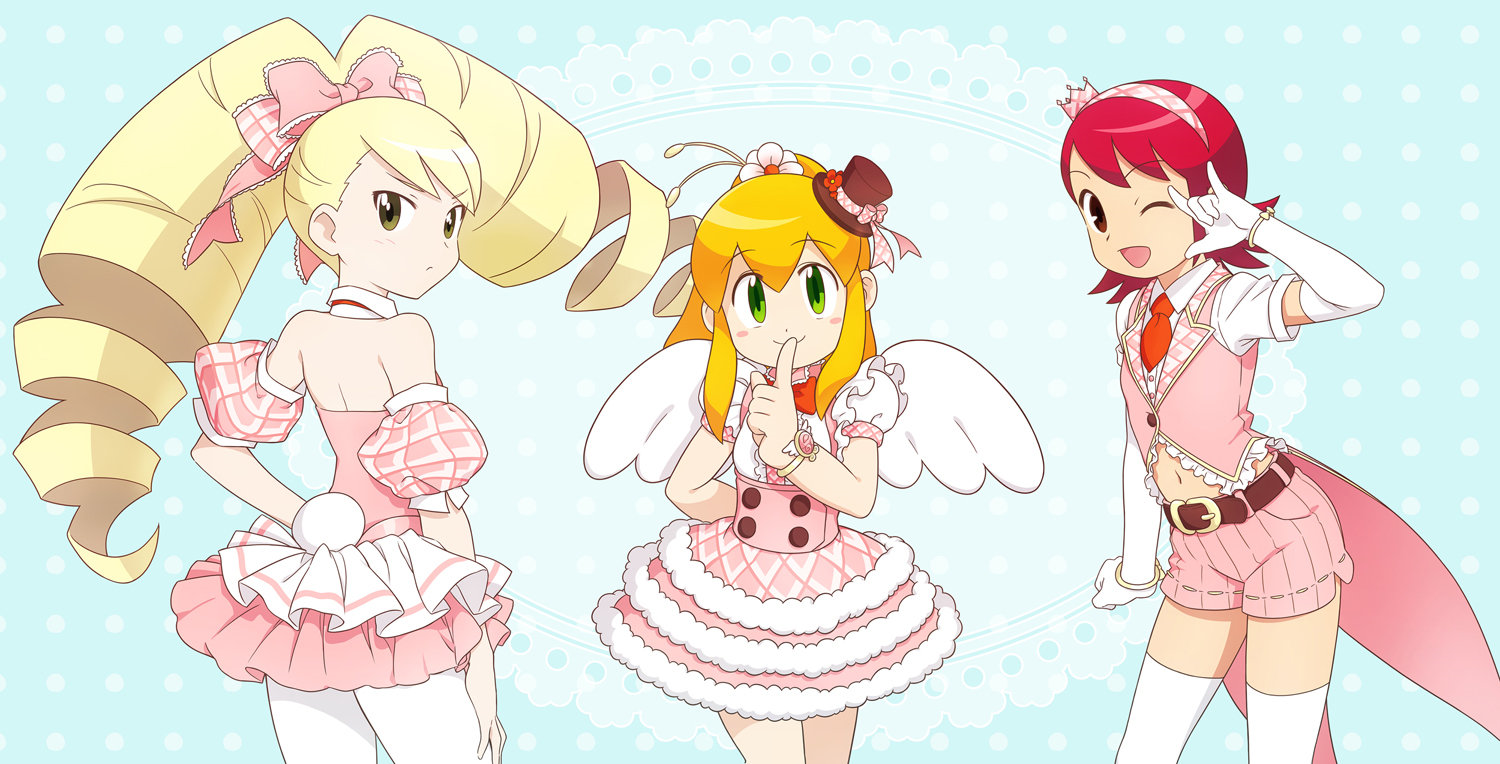 luna platz (mega man), mayl sakurai (mega man), roll (mega man), mega man (classic), mega man (series), mega man battle network (series), mega man star force (series), official art, third-party source, 3girls, angel wings, blonde hair, bow, crown, dress, drill hair, elbow gloves, frilled dress, frills, gloves, green eyes, hair bow, hairband, hat, idol clothes, long hair, midriff, mini crown, mini hat, multiple girls, navel, one eye closed, pantyhose, pink bow, pink dress, pink shorts, rabbit tail, red hair, shorts, tail, thighhighs, twin drills, very long hair, white gloves, white pantyhose, white thighhighs, wings