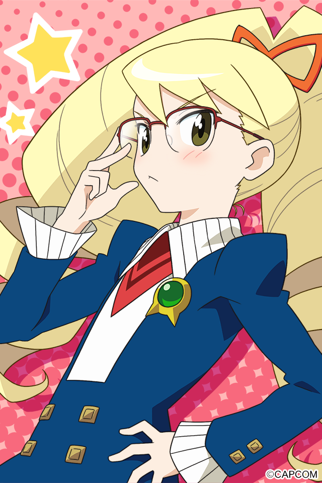 luna platz (mega man), mega man (series), mega man star force (series), official art, third-party source, 1girl, adjusting eyewear, blonde hair, blush, bow, drill hair, glasses, green eyes, hair bow, hand on eyewear, hand on own hip, long hair, pink background, star (symbol), twin drills, very long hair