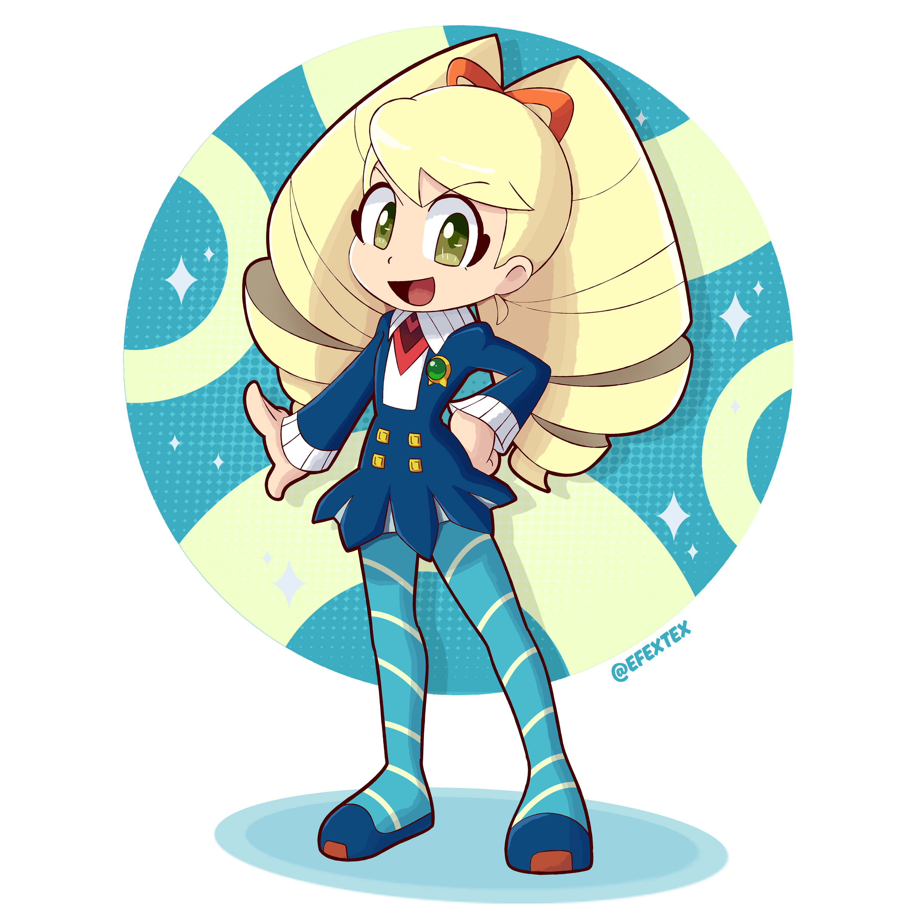 efextex, luna platz (mega man), mega man (series), mega man star force (series), absurdres, highres, 1girl, artist name, blonde hair, blue dress, blue pantyhose, bow, deformed, dress, drill hair, green eyes, hair bow, hand on own hip, long hair, looking at viewer, open mouth, pantyhose, smile, sparkle, striped clothes, striped pantyhose, twin drills, very long hair
