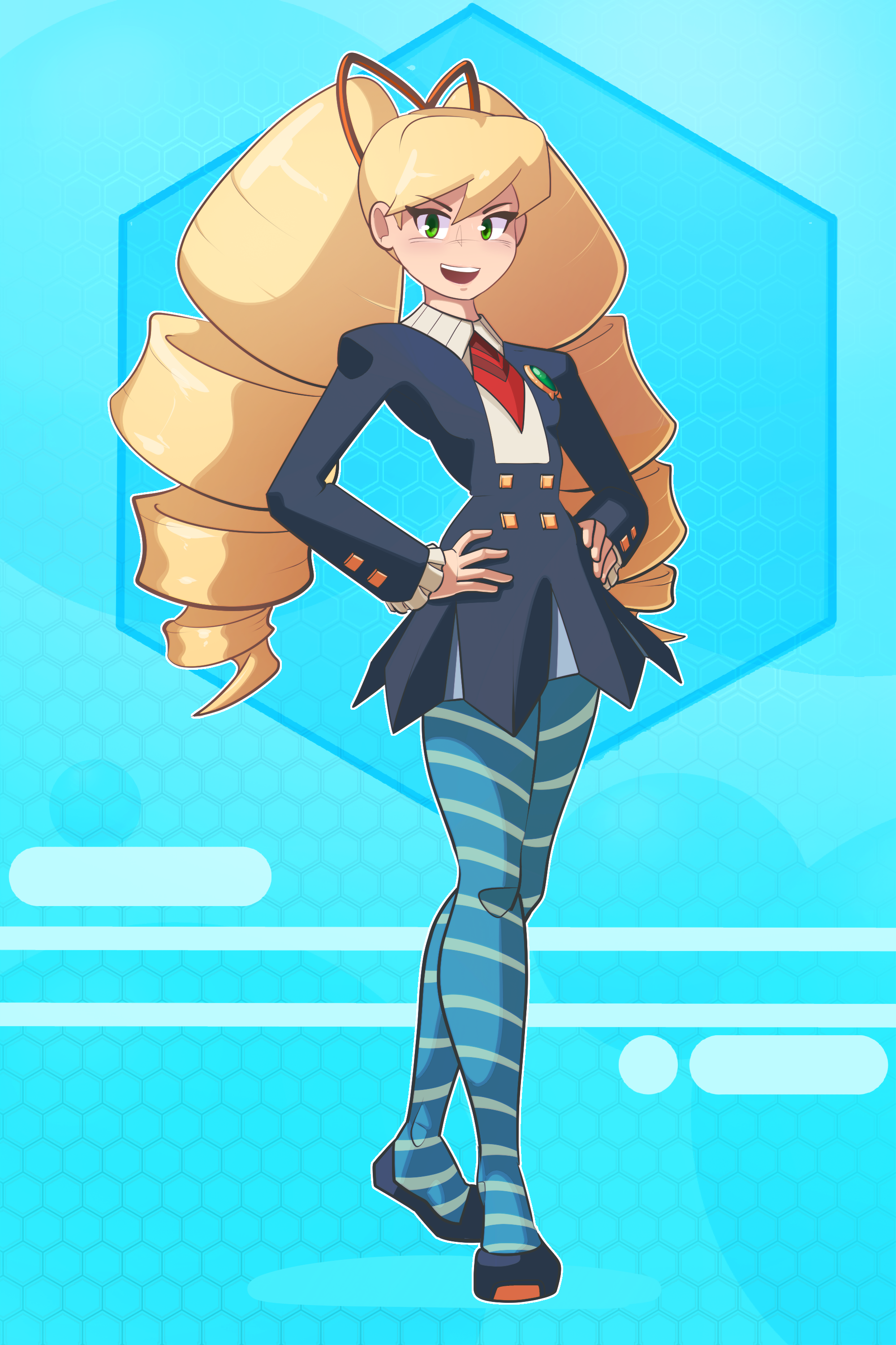 shoolmail, luna platz (mega man), mega man (series), mega man star force (series), absurdres, highres, 1girl, blonde hair, blue background, blue dress, blue pantyhose, dress, drill hair, green eyes, hands on own hips, long hair, looking at viewer, open mouth, pantyhose, smile, striped clothes, striped pantyhose, twin drills, very long hair