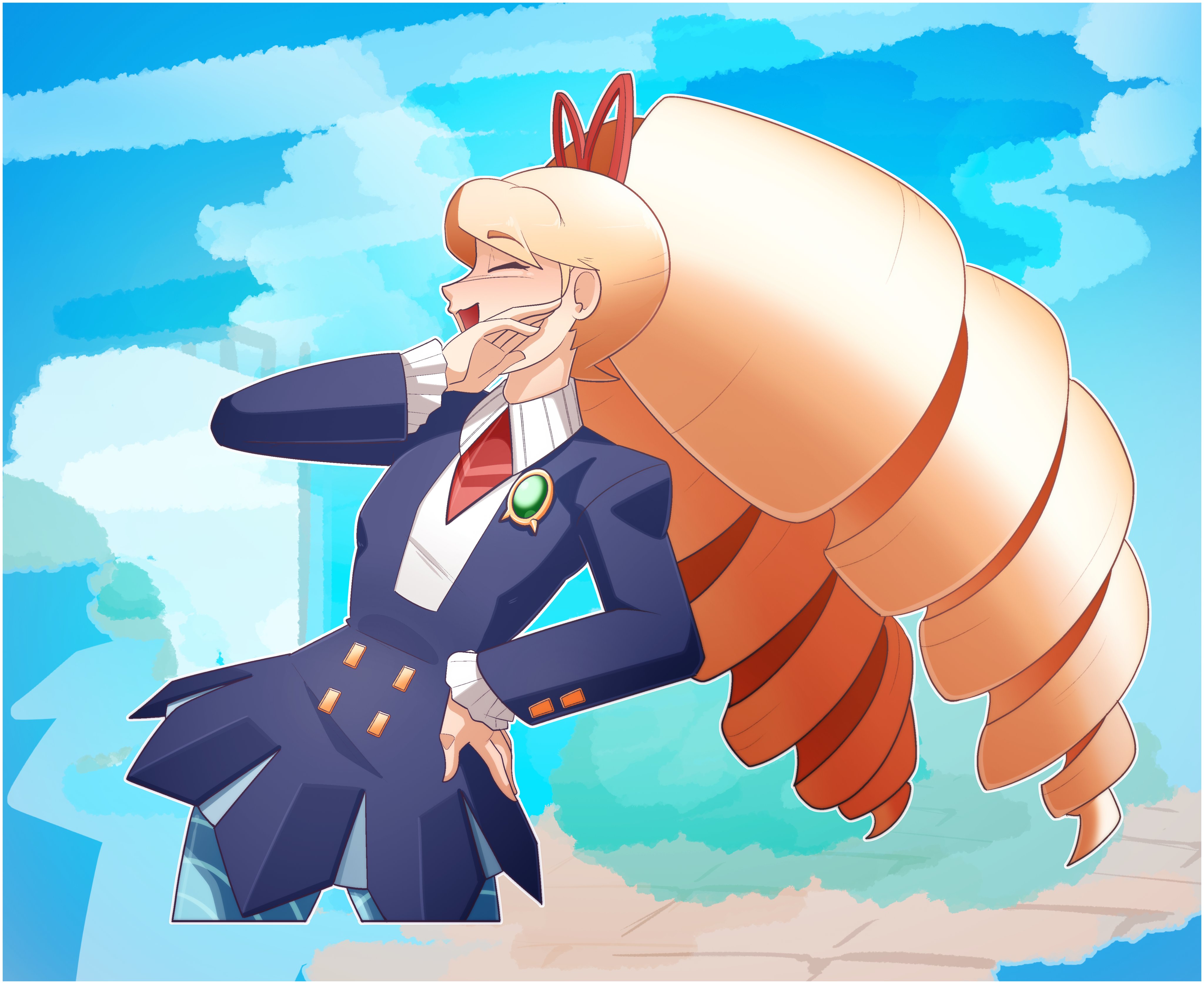 shoolmail, luna platz (mega man), mega man (series), mega man star force (series), absurdres, commentary, english commentary, highres, 1girl, blonde hair, blue dress, bow, closed eyes, dress, drill hair, hair bow, hand on own hip, laughing, long hair, ojou-sama pose, twin drills, very long hair