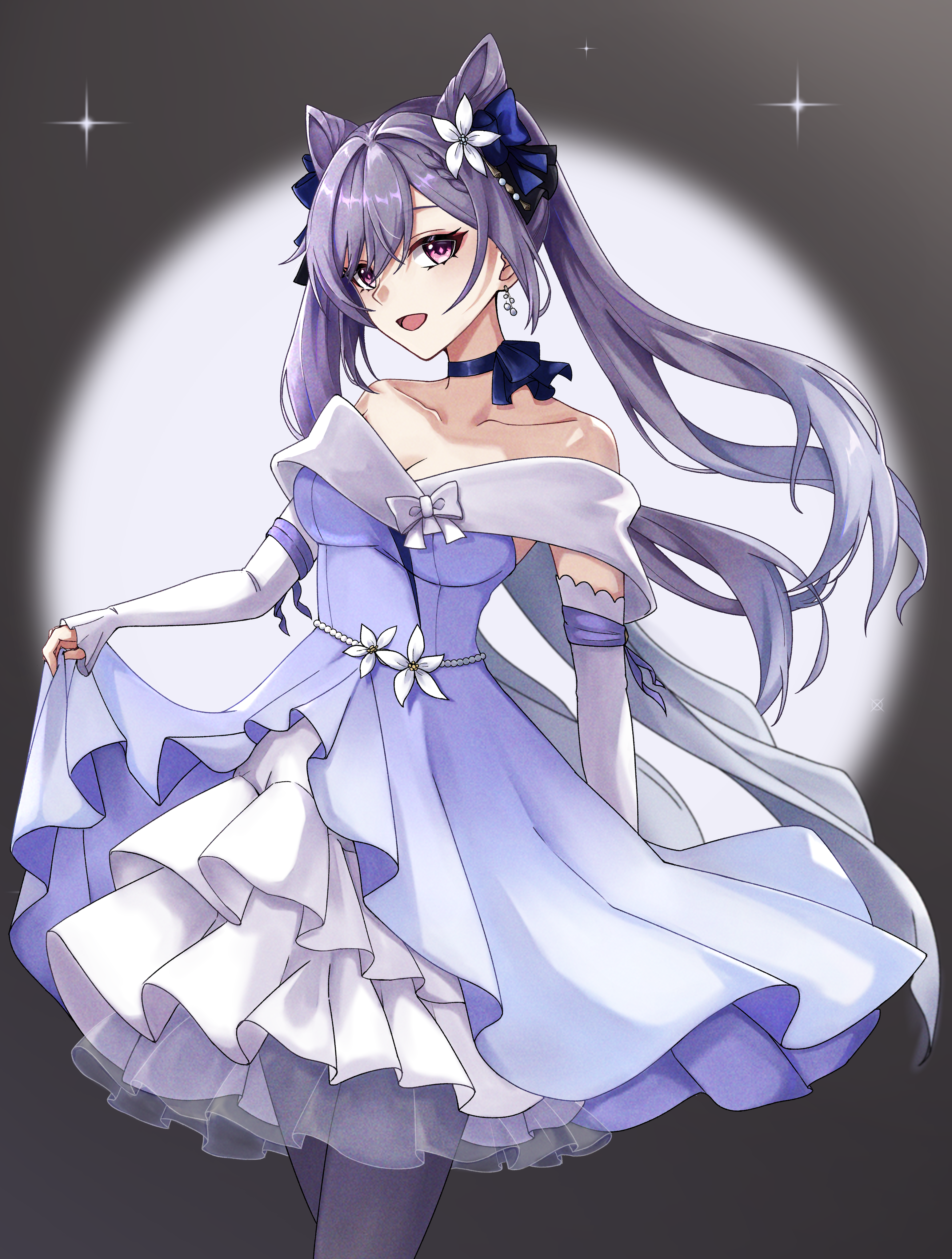 nightsheaulan, keqing (genshin impact), keqing (resplendent feast) (genshin impact), genshin impact, absurdres, commentary request, highres, 1girl, arm behind back, bare shoulders, breasts, cleavage, collarbone, cone hair bun, cowboy shot, double bun, dress, earrings, flower, hair bun, hair flower, hair ornament, jewelry, long hair, looking at viewer, medium breasts, off-shoulder dress, off shoulder, official alternate costume, open mouth, pantyhose, pink eyes, purple dress, purple hair, purple pantyhose, simple background, skirt hold, smile, solo, standing