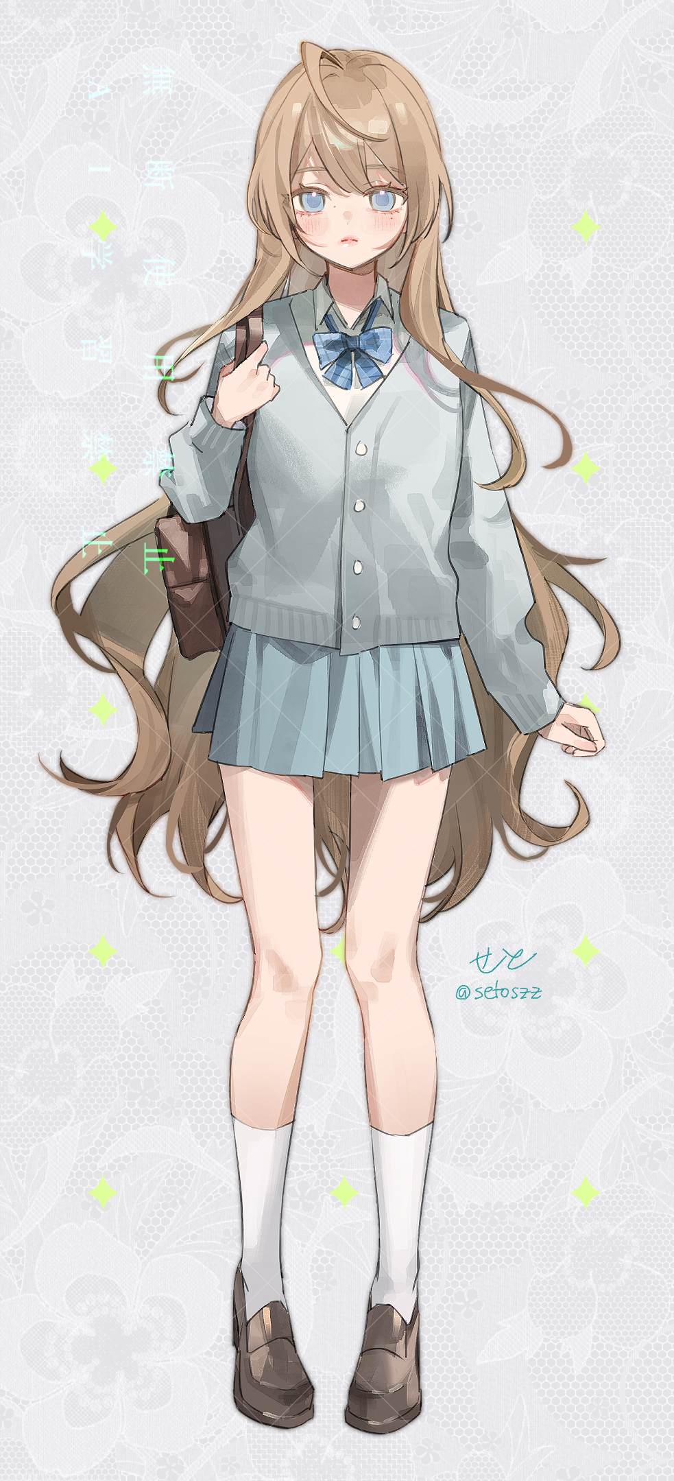 seto jiro, original, commission, hashtag-only commentary, highres, 1girl, ahoge, bag, blonde hair, blue bow, blue bowtie, blue eyes, blush, bow, bowtie, brown bag, brown shoes, cardigan, collared shirt, double-parted bangs, full body, green skirt, grey background, grey cardigan, hair between eyes, lace background, loafers, long hair, long sleeves, mole, mole under eye, pink lips, plaid bow, plaid bowtie, plaid clothes, pleated skirt, school bag, shirt, shoes, simple background, skirt, socks, solo, standing, straight-on, very long hair, white shirt, white socks