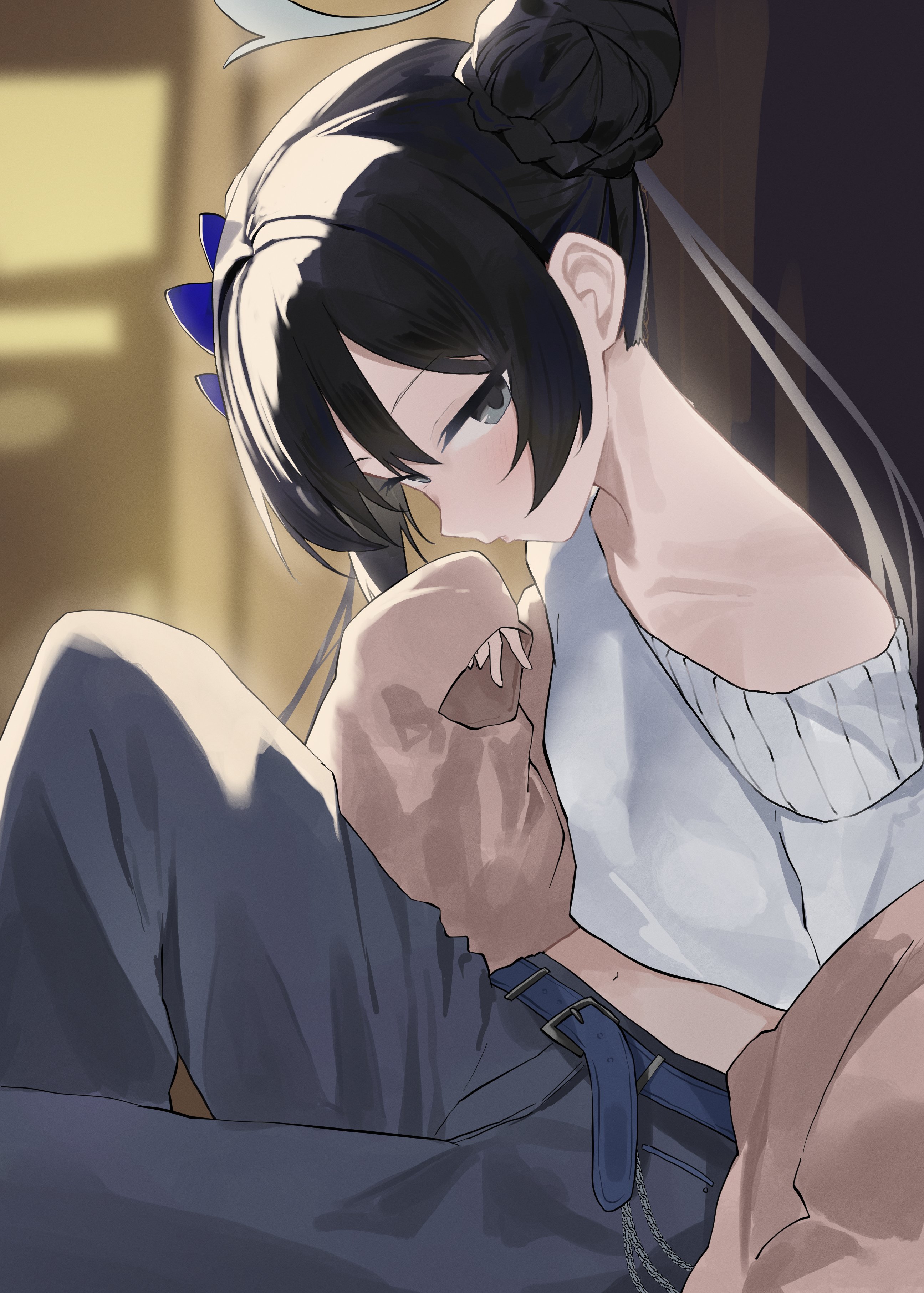 evening rabbit, kisaki (blue archive), blue archive, absurdres, commentary, highres, 1girl, alternate costume, black hair, blue bow, blue pants, bow, braid, brown cardigan, bun with braided base, cardigan, cardigan partially removed, crop top, cropped shirt, double bun, feet out of frame, grey eyes, hair bow, hair bun, looking at viewer, midriff, navel, pants, shirt, single bare shoulder, single off shoulder, sitting, solo, white shirt