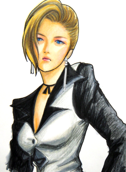 hinasehaya, mature (kof), snk, the king of fighters, 1girl, blonde hair, blue eyes, earrings, female focus, jewelry, lips, simple background, solo