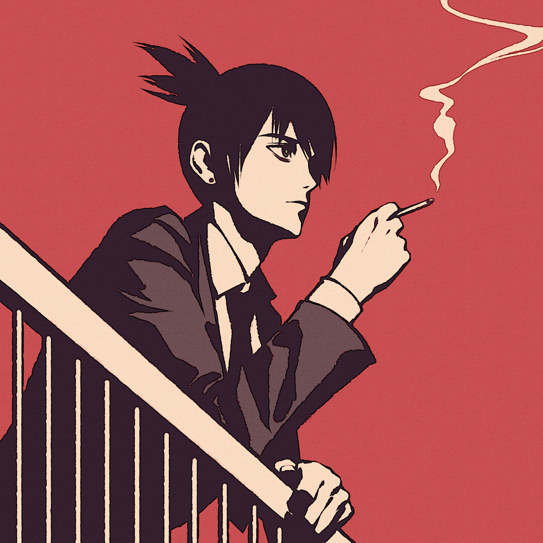 moshimoshibe, hayakawa aki, chainsaw man, 1boy, against railing, cigarette, closed mouth, collared shirt, earrings, expressionless, holding, holding cigarette, jacket, jewelry, leaning, leaning forward, long sleeves, male focus, necktie, ponytail, railing, red background, shirt, short hair, short ponytail, simple background, smoking, solo, suit jacket, upper body, wing collar