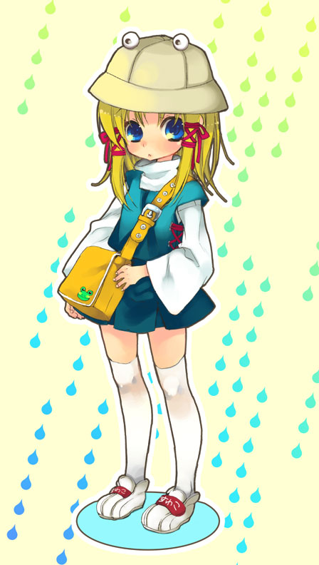 mitsubachi koucha, moriya suwako, touhou, bad id, bad pixiv id, 1girl, blonde hair, blue eyes, female focus, frog, full body, hat, short hair, solo, thighhighs