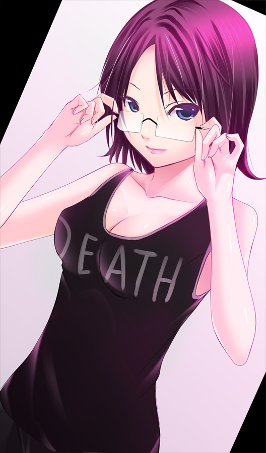 shokuyou mogura, bad id, bad pixiv id, 1girl, adjusting eyewear, bare shoulders, blue eyes, breasts, cleavage, female focus, glasses, lips, purple hair, short hair, solo