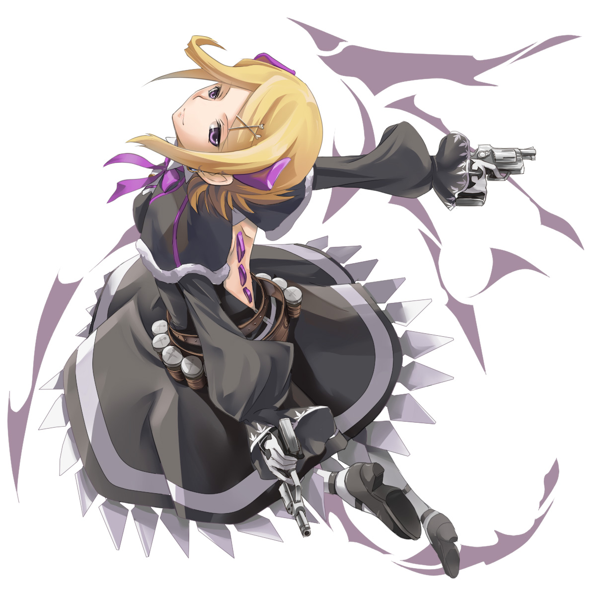 kazuki sanbi, lia dragonell, world destruction, highres, 00s, 1girl, arched back, blonde hair, dragon girl, dual wielding, female focus, gun, hair ornament, hairclip, handgun, hands on own hips, holding, monster girl, purple eyes, revolver, rhi'a, ribbon, solo, weapon