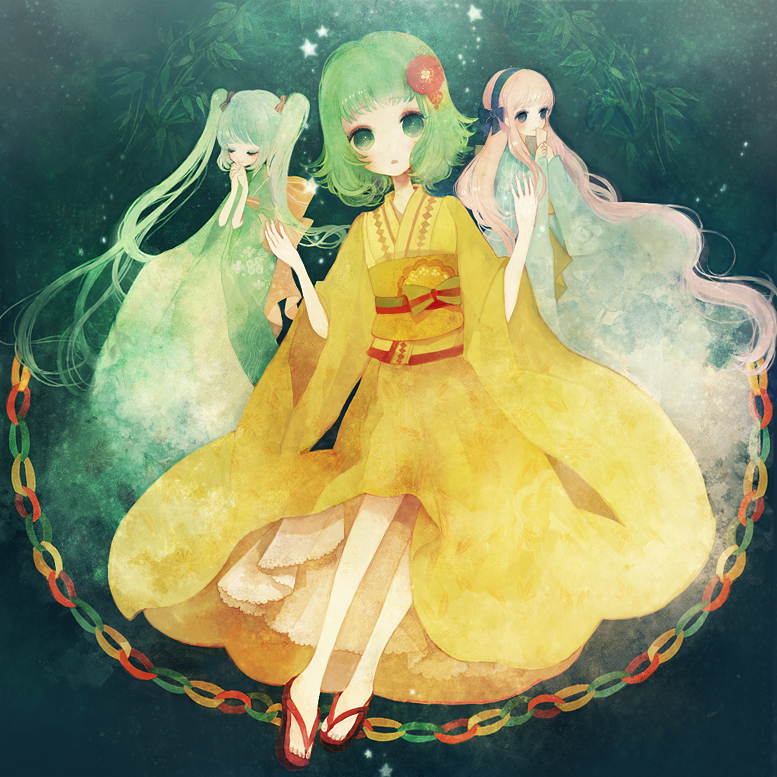pechika, gumi, hatsune miku, megurine luka, vocaloid, bad id, bad pixiv id, aqua hair, blue eyes, green hair, japanese clothes, kimono, leaf, long hair, pink hair, sandals, short hair