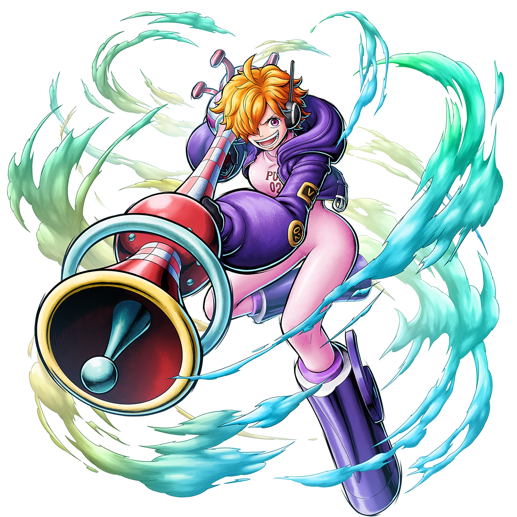 vegapunk lilith, one piece, one piece: bounty rush, highres, official art, 1girl, bodysuit, boots, breasts, brown eyes, cropped jacket, curvy, full body, gloves, hair over one eye, holding, holding weapon, jacket, large breasts, looking at viewer, open clothes, open jacket, orange hair, pink bodysuit, purple jacket, short hair, simple background, smile, solo, transparent background, weapon, wide hips