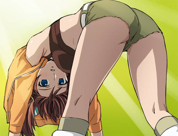 haruyama kazunori, yuuki saya, lemon angel project, 00s, 1girl, ass, bent over, blue eyes, brown hair, female focus, kneepits, shorts, solo, thighs
