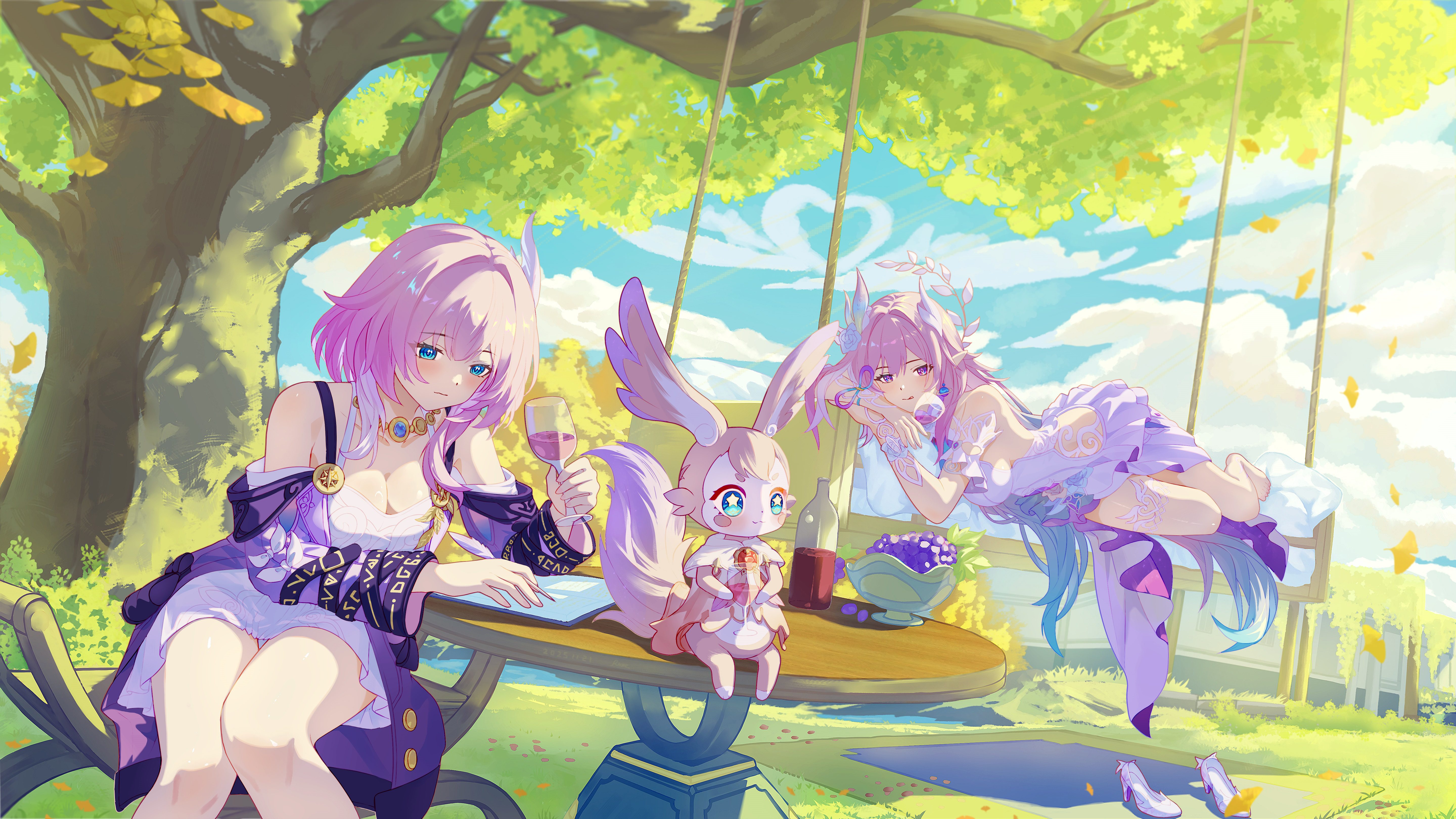 innga hui, cyrene (aedes elysiae) (honkai: star rail), cyrene (honkai: star rail), cyrene (ripples of past reverie) (honkai: star rail), mem (honkai: star rail), honkai: star rail, honkai (series), absurdres, commentary request, highres, 2girls, alternate breast size (larger), aqua hair, bare shoulders, blue eyes, blue sky, bottle, breasts, cleavage, cloud, cloudy sky, cup, dress, drinking glass, dual persona, food, fruit, gradient hair, grapes, high heels, holding, holding cup, holding quill, jewelry, large breasts, long hair, multicolored hair, multiple girls, necklace, on swing, on table, outdoors, pink hair, purple eyes, quill, shoes, short hair, sitting, sky, star-shaped pupils, star (symbol), swing, symbol-shaped pupils, table, thighs, tree, two-tone hair, unworn shoes, very long hair, white dress, white hair, wine bottle, wine glass