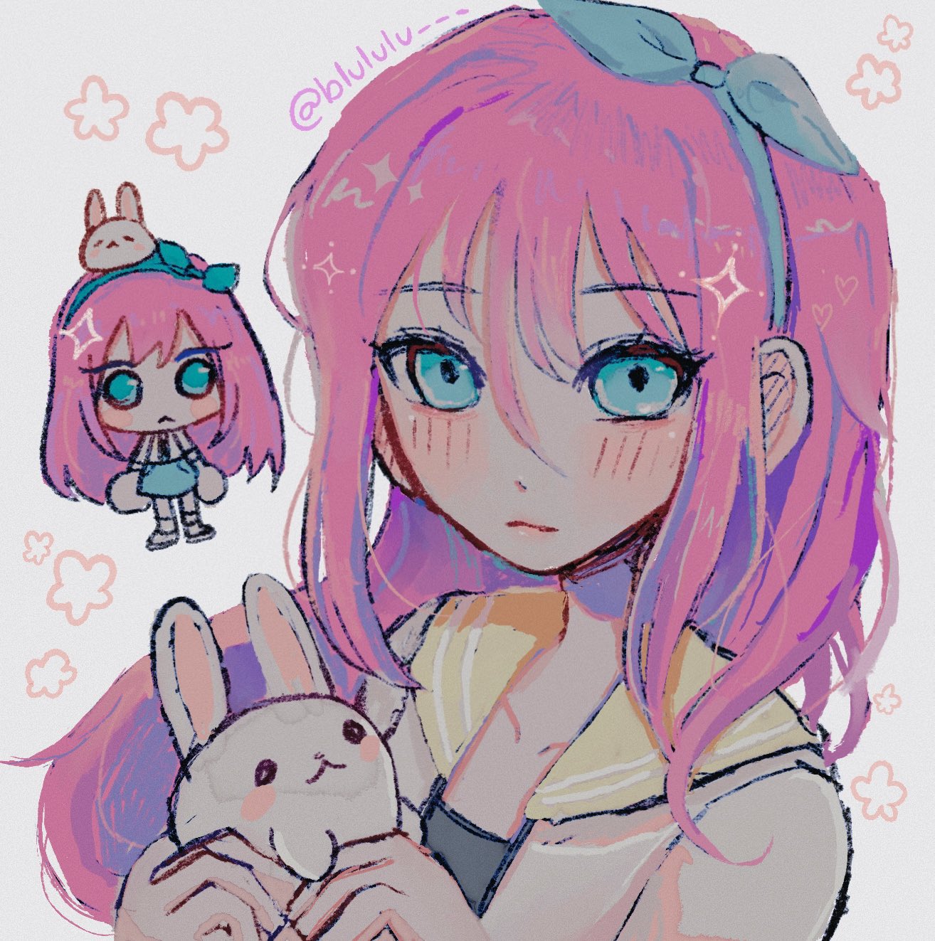 lulu (blululu), aubrey (faraway) (omori), aubrey (omori), omori, commentary, english commentary, highres, 1girl, animal, blue eyes, blue hairband, blue skirt, blush, bun-bun (omori), chibi, closed mouth, collarbone, hair between eyes, hairband, holding, holding animal, holding rabbit, jacket, long hair, looking at viewer, open clothes, open jacket, pink hair, rabbit, skirt, solo, twitter username, upper body, white jacket
