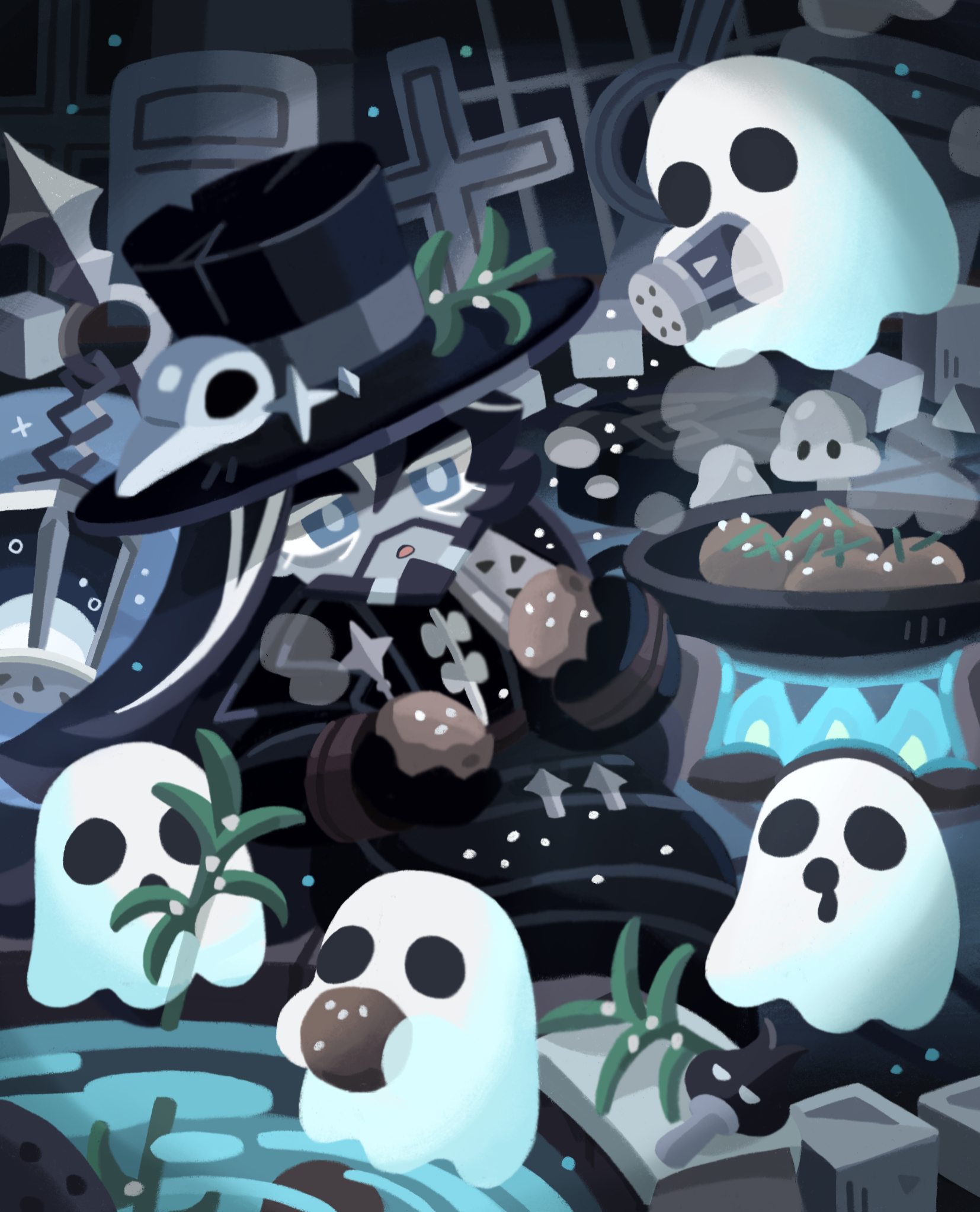 cookie run, cookie run: kingdom, highres, 1boy, beard, black hair, blue eyes, blue fire, charcoal cookie, colored eyelashes, eating, facial hair, fire, ghost, hat, pearlk0326, salt shaker, solo, tombstone, top hat, white eyelashes, white streaks